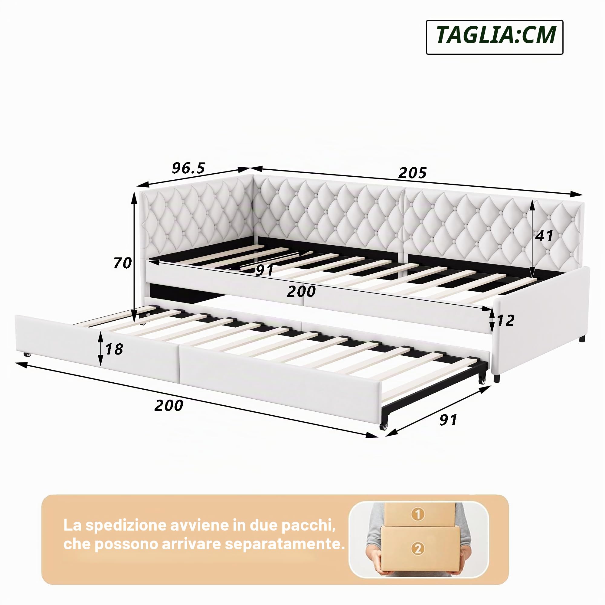 Divano letto in legno massiccio 90/180 x 200 cm, letto divano a 2 posti convertibile con 2 cassetti portaoggetti e rete a doghe per divano letto allungabile con schienale e braccioli, senza materasso