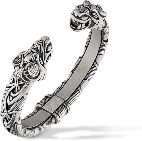 Viking Bracelet - Adjustable Pewter Norse Arm Ring - Scandinavian Nordic Mythology Strong Handmade Pagan Jewelry - Bracelet with Fenrir Wolf Head