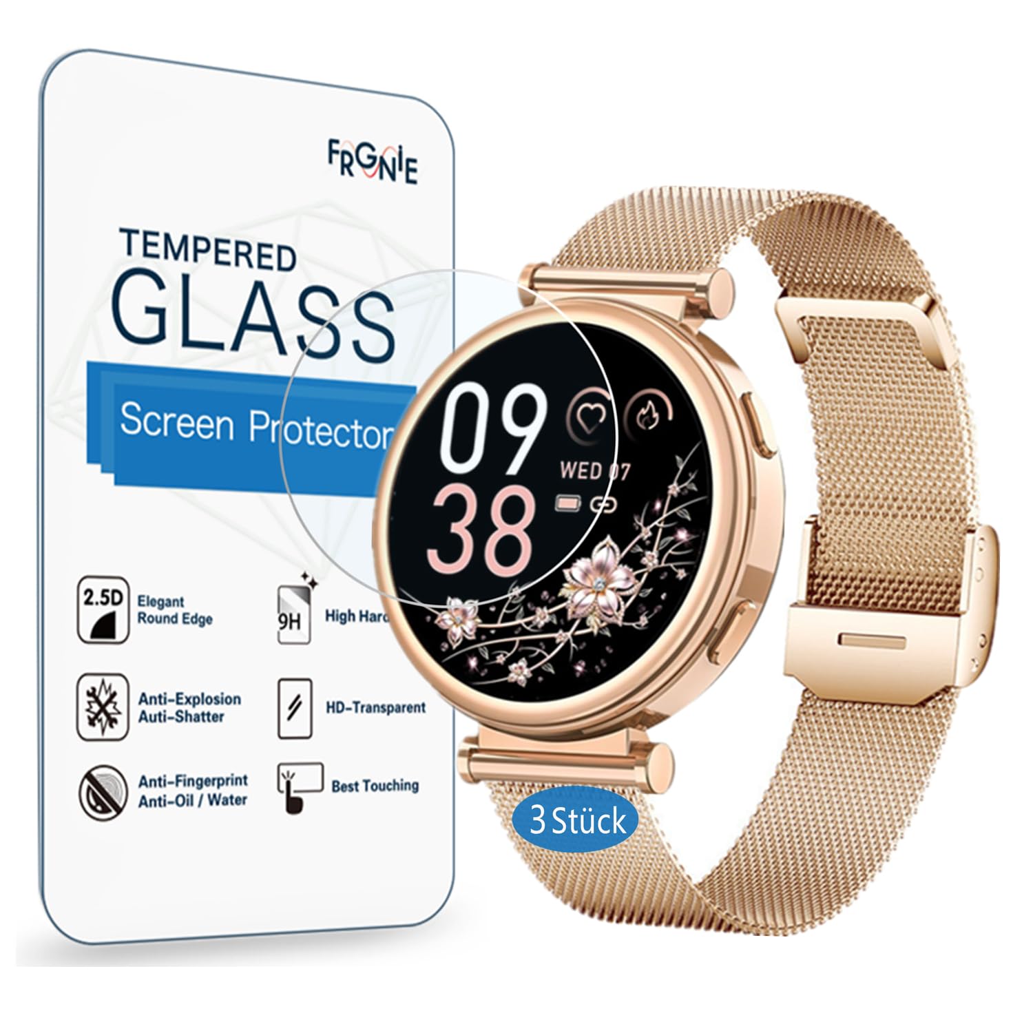 Protector de pantalla compatible con reloj inteligente Sanorum para mujer de 1,27 pulgadas (3 unidades) Protector de pantalla de vidrio templado compatible con reloj inteligente Fitnynxos I109