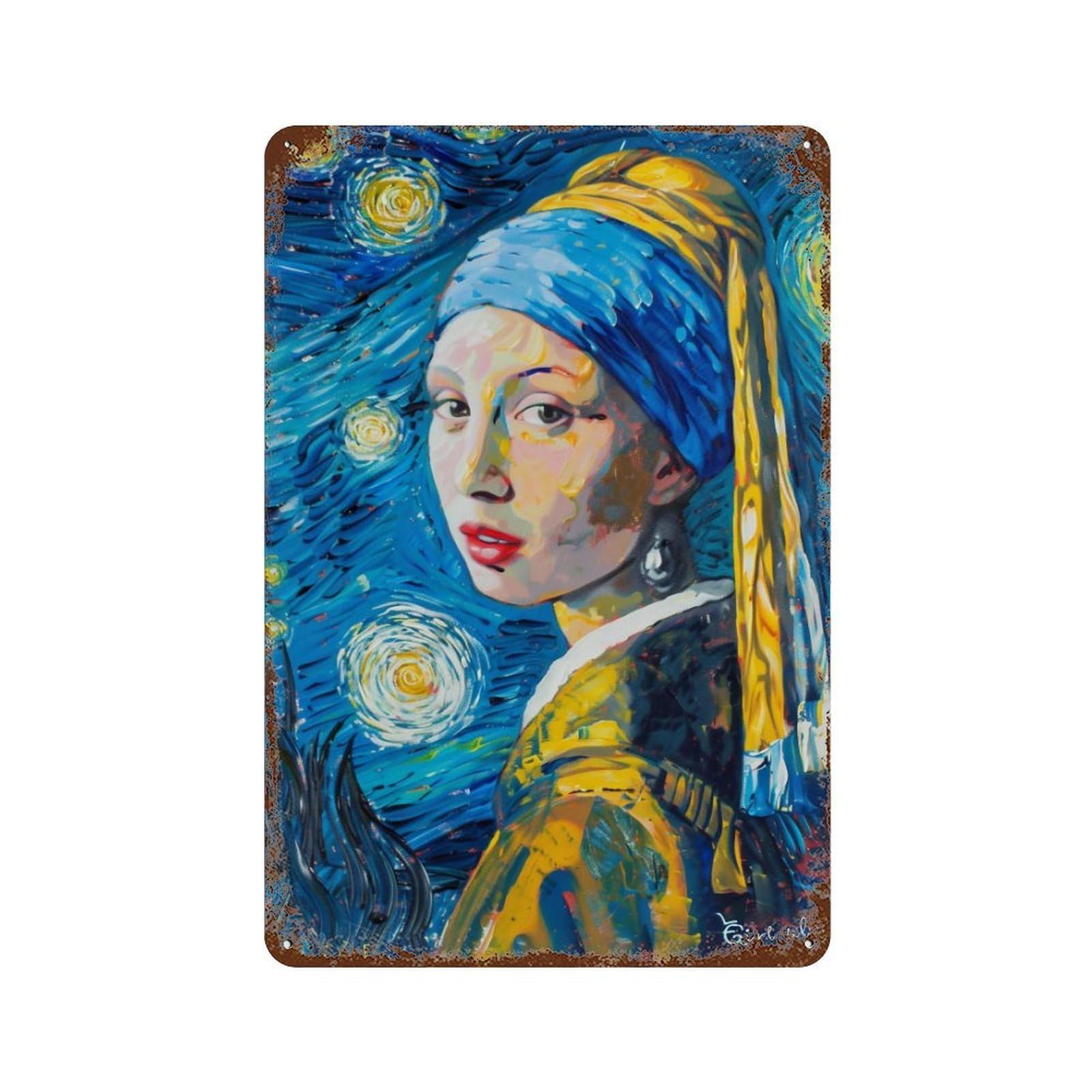 YHGERTKU Starry Night Girl with A Pearl Earring Fusion 01 Wall Art Retro Iron Vintage Metal Tin Sign Poster Modern Decor for Living Rooms Gift 30x20cm