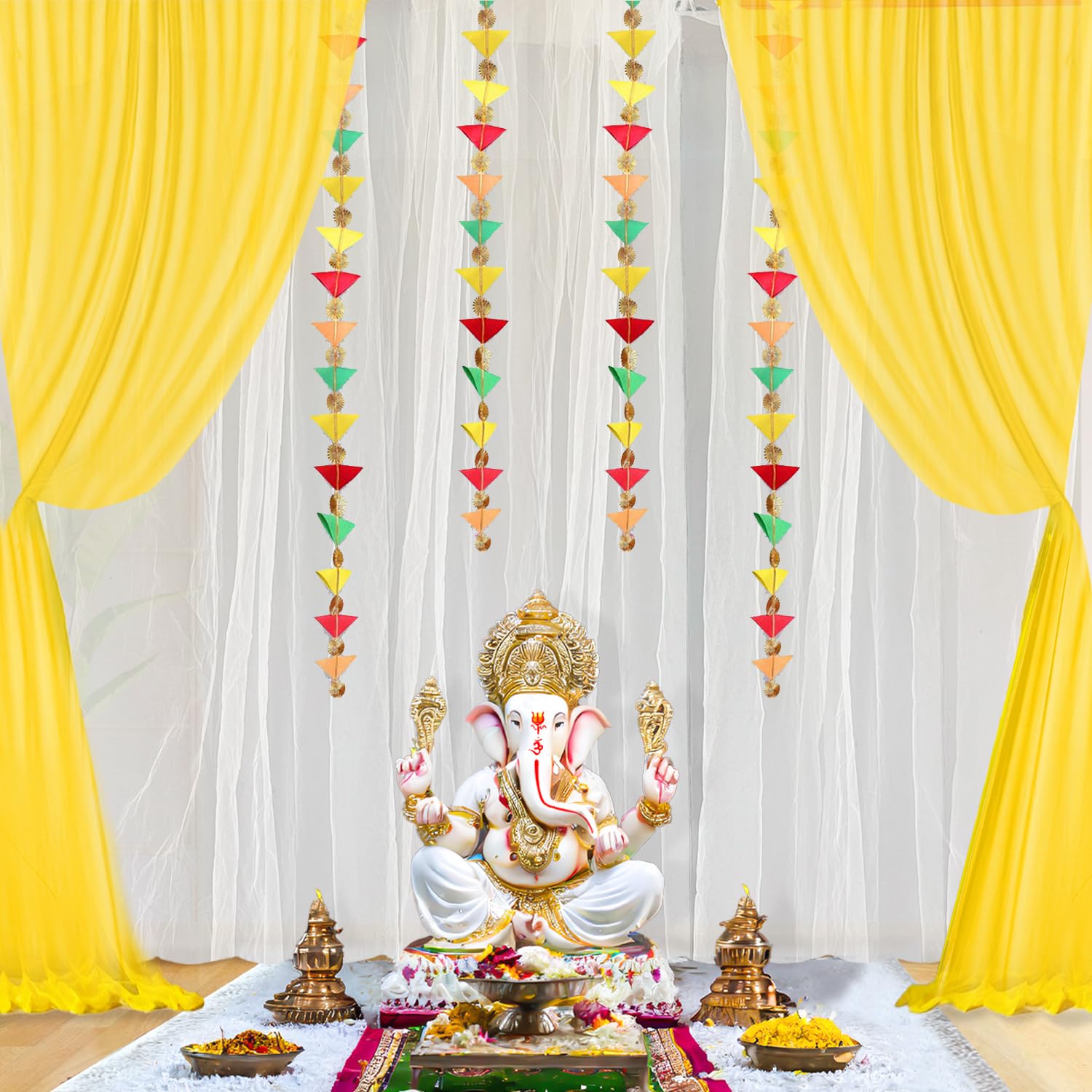 Party Propz White and Yellow Backdrop For Decoration With Triangle Hanging | Backdrop Cloth For Decoration For Ganpati, Janmashtami, Varalakshmi Navratri, Diwali, Haldi Decoration Items(12Pcs)(Satin)
