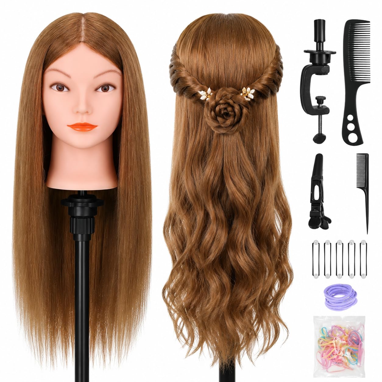 Yofuly Friseur-Trainingskopf, 45,7 cm, 100 % Echthaar, Manikin-Kosmetologie-Puppenkopf zum Flechten und Haarstyling, Übungskopf mit Tischklemme + DIY-Zopf-Set (braun)