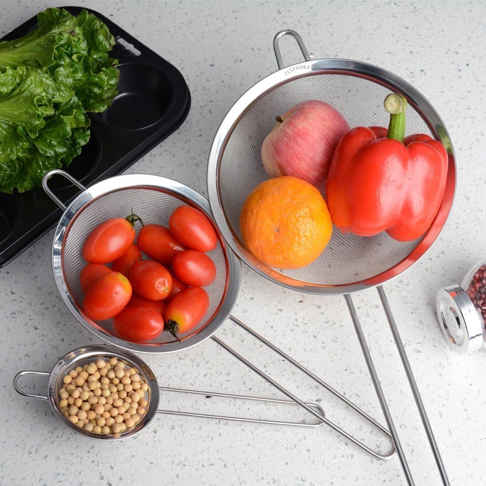 Zesproka ZP129 Set of 3 Stainless Steel Fine Mesh Strainers for Kitchen, 3.26", 5.78", 7.75", Silver: Home & Kitchen