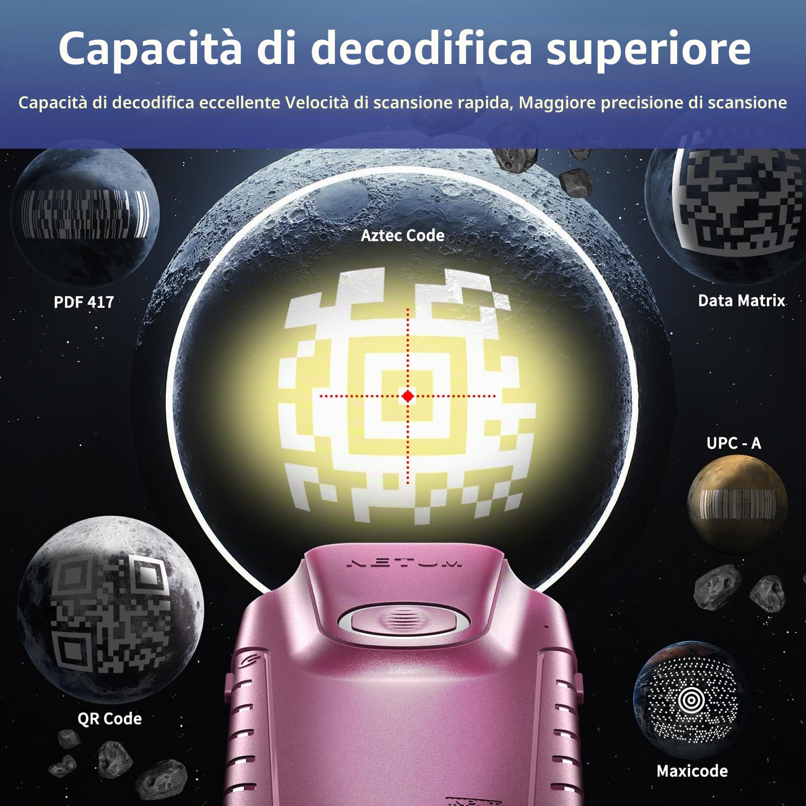 NETUM Scanner di codici a barre QR Bluetooth 3 in 1 piccolo portatile 2D lettore di codici a barre automatico wireless scansione posteriore clip funziona con tablet iOS Android Windows MacOS per