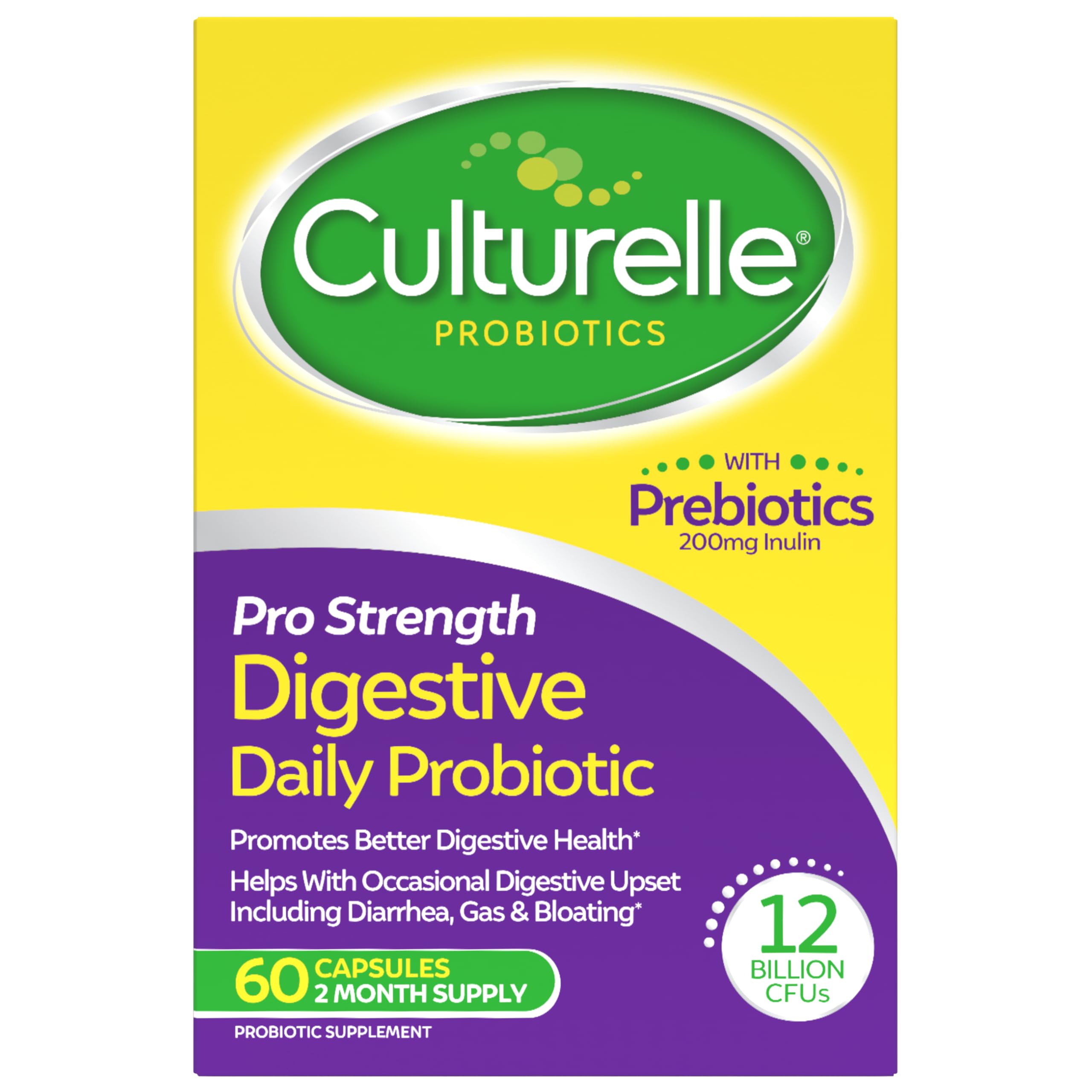 Culturelle Pro Strength Probiotics for Digestive Gut Health*, 12B CFU, 60ct | Daily Prebiotic Probiotic for Women & Men, Synbiotic, Lactobacillus Rhamnosus GG, No Refrigeration Needed, 2 Month Supply