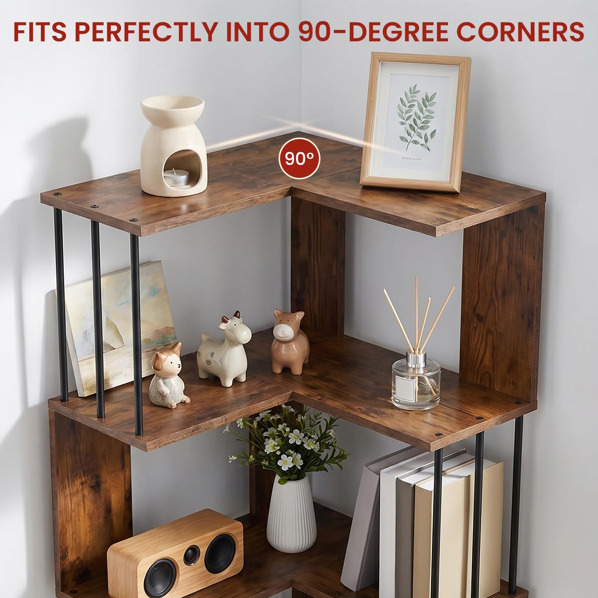 EGGREE Estantería Esquina L 5 estantes 160x54x54cm | Tableros MDF y estructura metálica negra, librería abierta para salón oficina dormitorio, vintage marrón