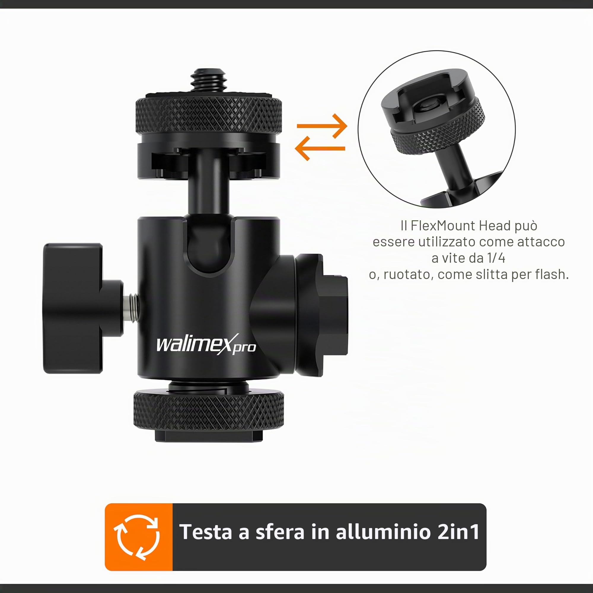 Walimex pro Mini testa a sfera portatile a doppia slitta, attacco da 1/4", max 5 kg, girevole a 360° e orientabile a 180°, per stativi treppiedi fotografici fotocamere, luce LED, smartphone
