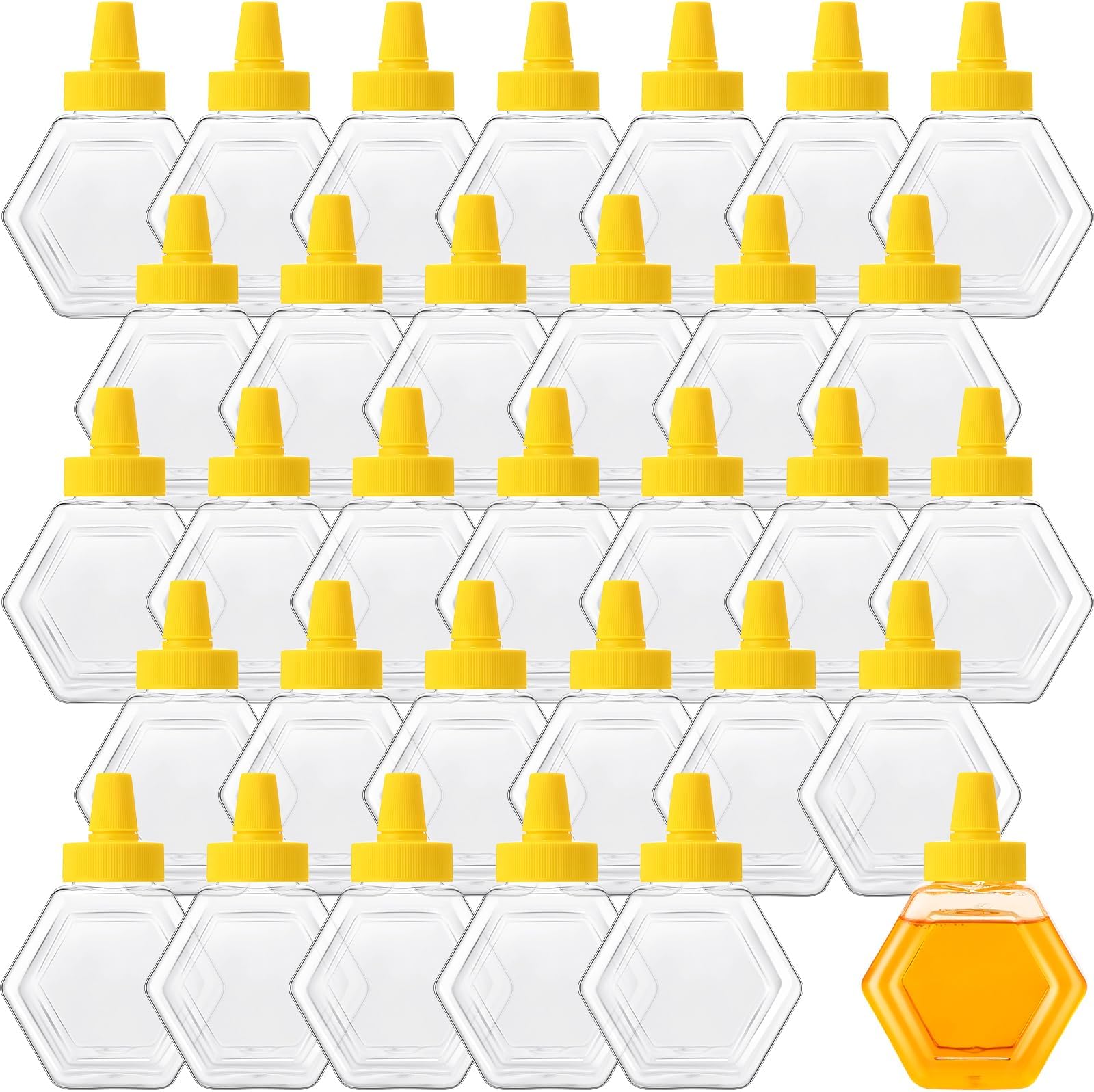 Ziliny 32 Pcs 7 oz Honey Squeeze Bottle Plastic Empty Beehive Bottle Jar with Spout Lid Clear Refillable Honey Containers for Condiment Storing and Dispensing Dispenser (Hexagon)