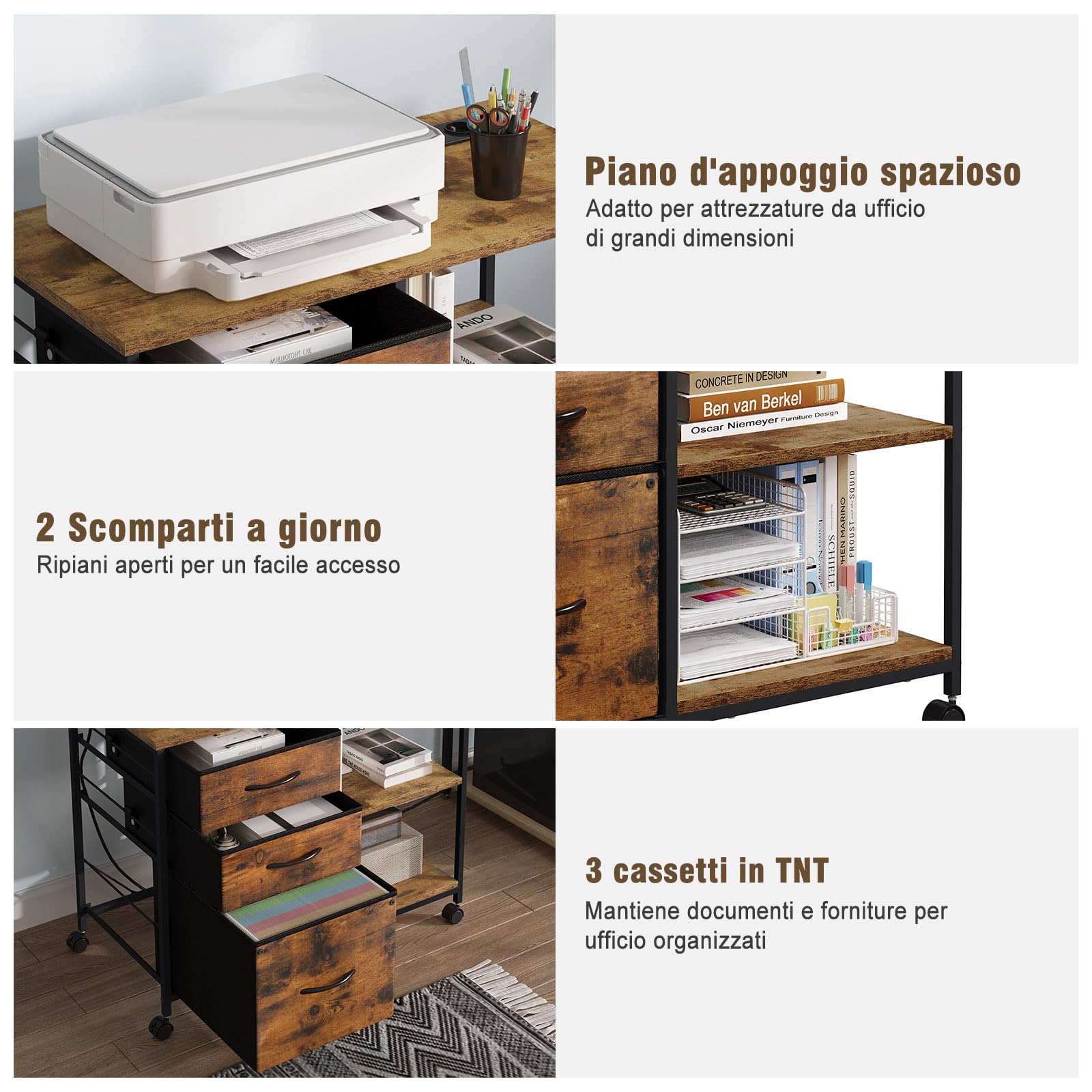 WOLTU Cassettiera da Ufficio, Armadietto con 3 Cassetti e 2 Ripiani, Schedario da Ufficio con Ruote, Porta Stampante con Sezione di Ricarica, in Legno e Metallo, Marrone vintage, ASK07shm