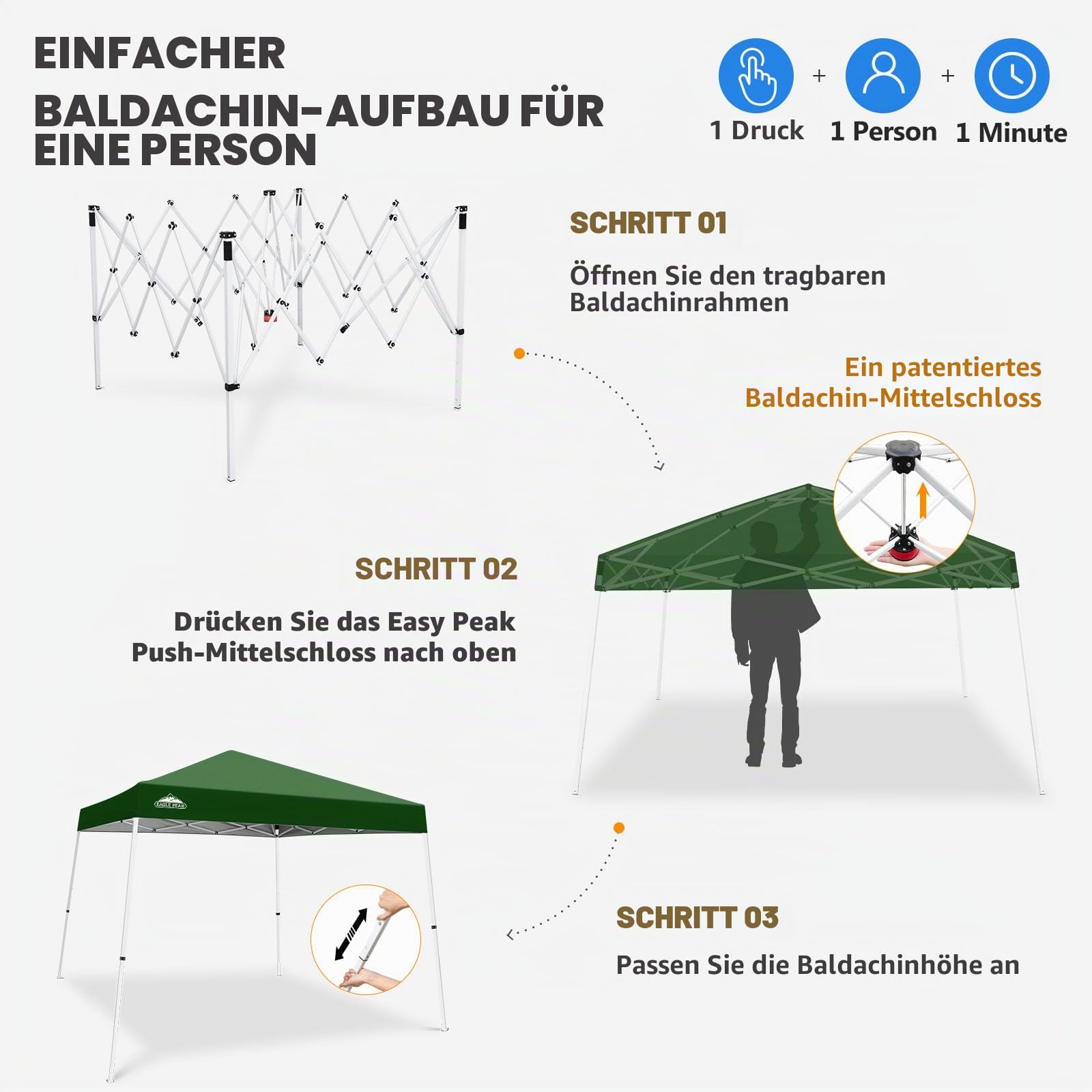 EAGLE PEAK 3x3m Schrägbein, Pop-Up-Überdachung, einfache Einrichtung für eine Person, sofortige Outdoor-Strandüberdachung, faltbar, tragbar, Sportunterstand,grün