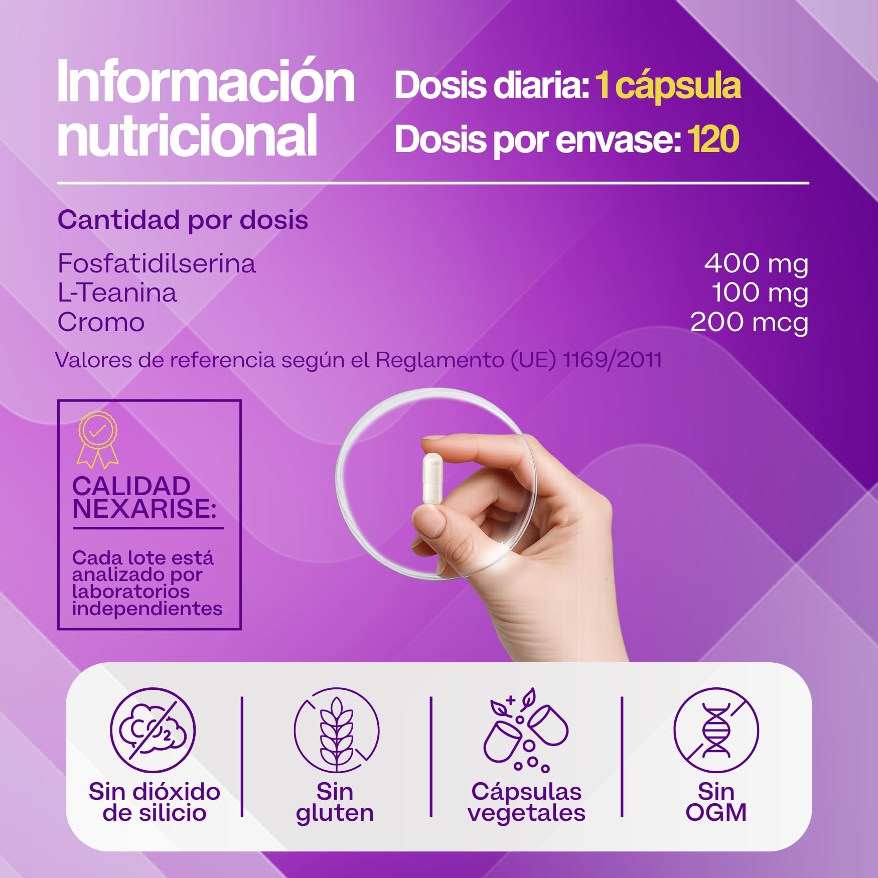 Cortisol Low 500mg | 120 Cápsulas con Fosfatidilserina 400mg, L-Teanina 100mg y Cromo Picolinato | Complemento para el Cortisol y Bienestar Mental | 4 Meses | Fabricado en Italia