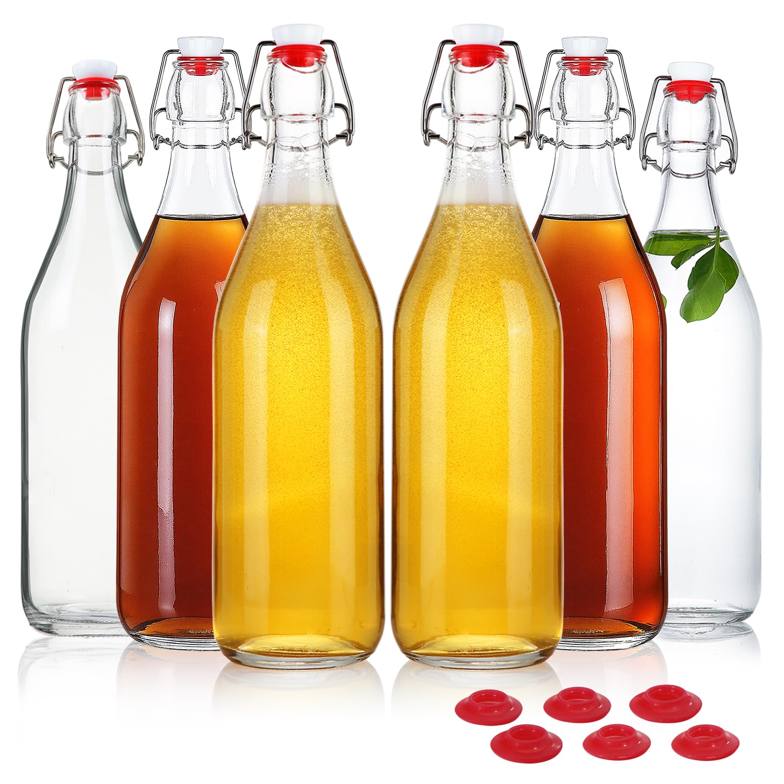 YEBODA 32 oz Clear Swing Top Glass Bottles with Airtight Lids, 6 Pack