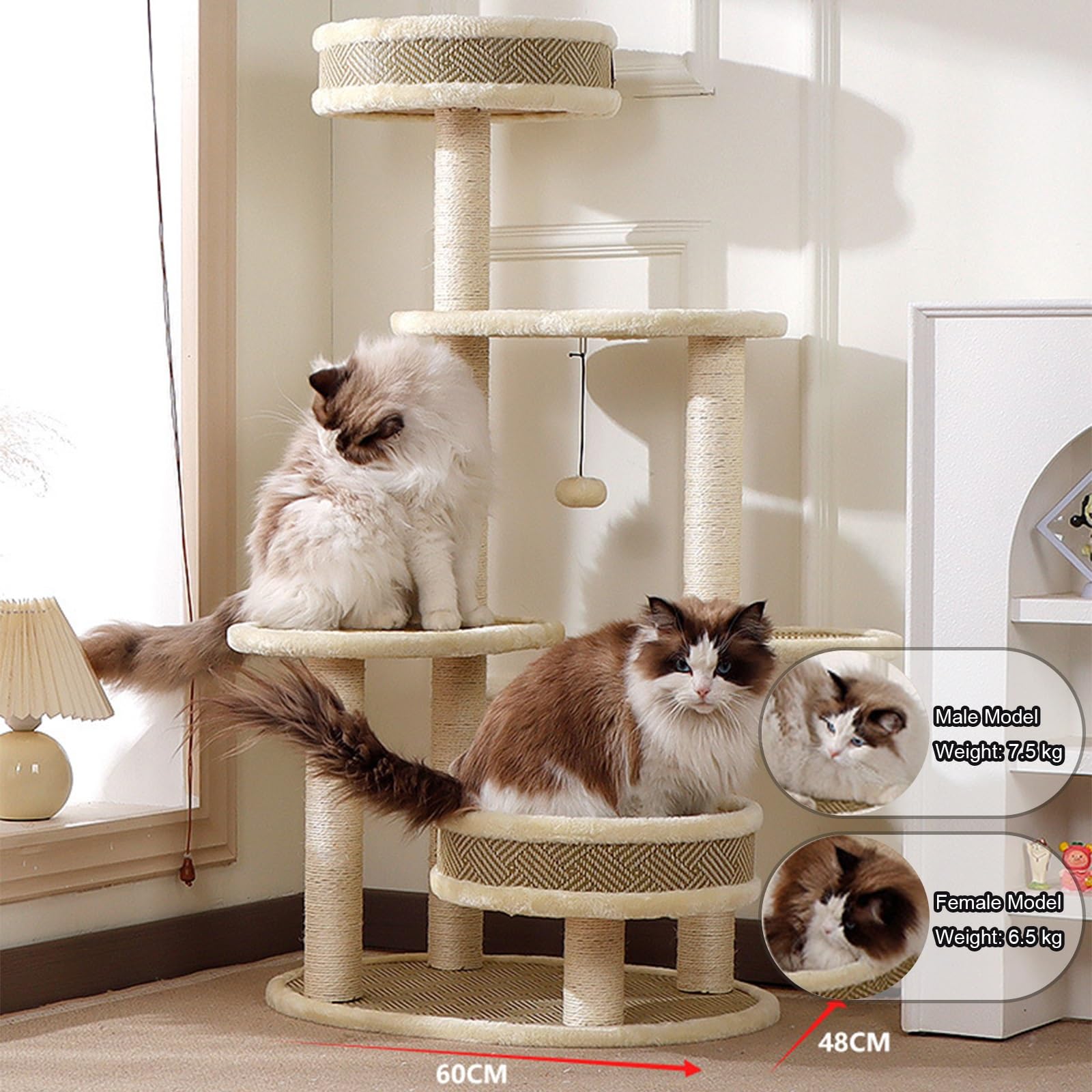 Torre Moderna Tiragraffi Gatto a Più Livelli con Tiragraffi in Sisal Bianco, Cucce per Gatti, Trespolo Superiore, Palline Penzolanti e Piattaforme per Saltare