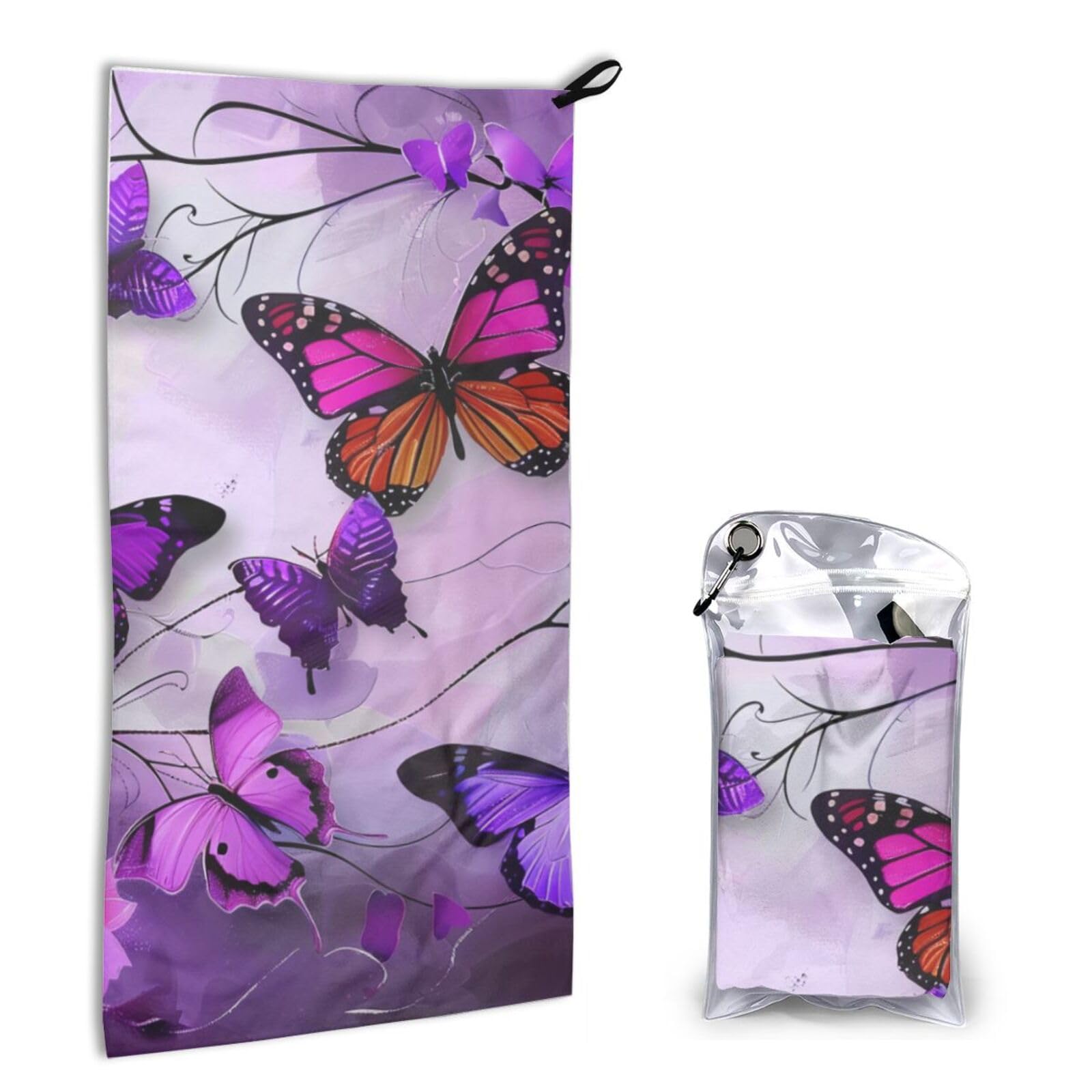 BWWHCCTI Quick Dry Hand Towel With Bag - Butterflies Printed Super Absorbent Face Cloth Microfiber Travel Sports Towels 40x80cm
