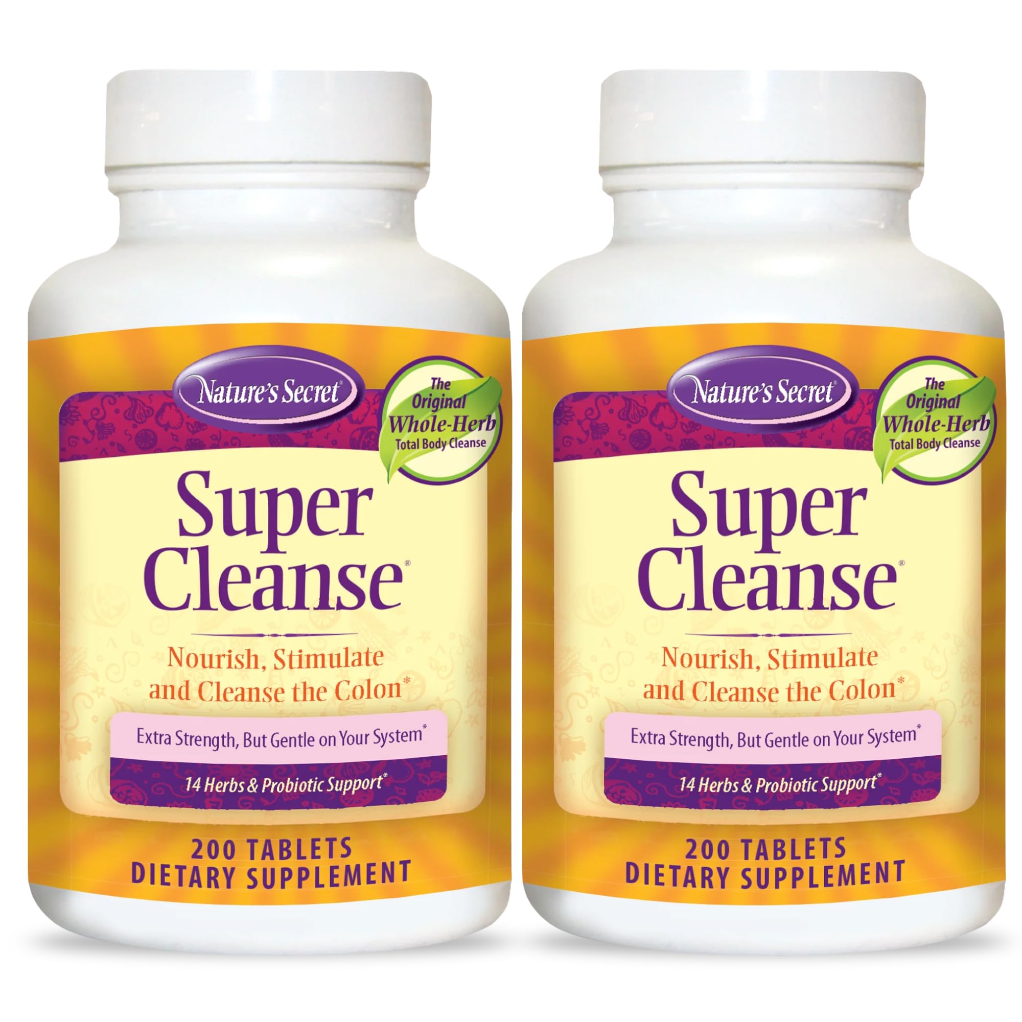 Nature's Secret Super Cleanse Extra Strength Toxin Detox & Gentle Elimination Body Cleanse, Digestive & Colon Health Support - Stimulating Blend of 14 Herbs with Probiotics - 200 Count (Pack of 2)