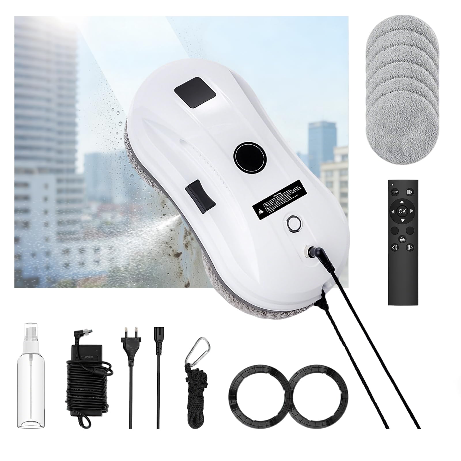 Robot Limpiacristales Automático, Limpia Cristales Electrico 0,5 m² / Min | Control Remoto, Depósito de Agua, Protección Anticaídas, para Ventanas Altas