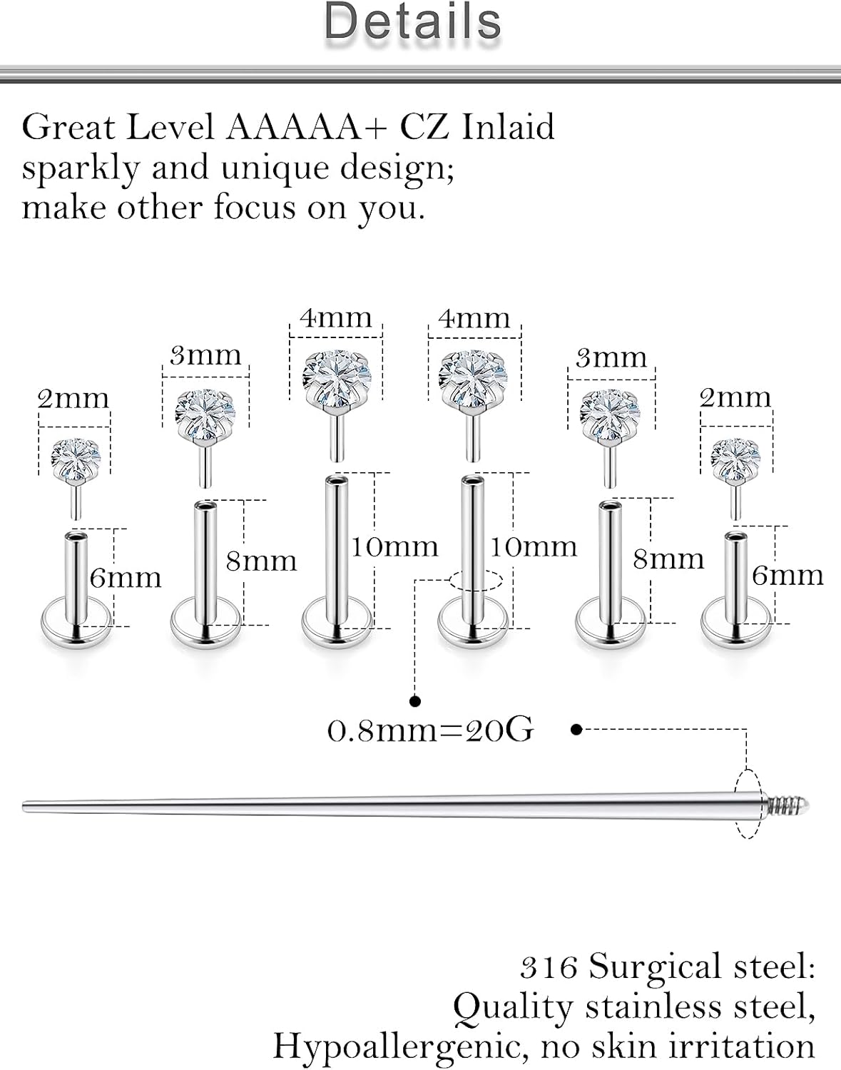 20G 18G 16G Threadless Lip Labret Nose Rings Studs Flat Back Earrings 316L Surgical Steel Snake Bites Lip Medusa Monroe Rings Push in Cartilage Tragus Helix Conch Earrings Studs 6mm 7mm 8mm - Image 2