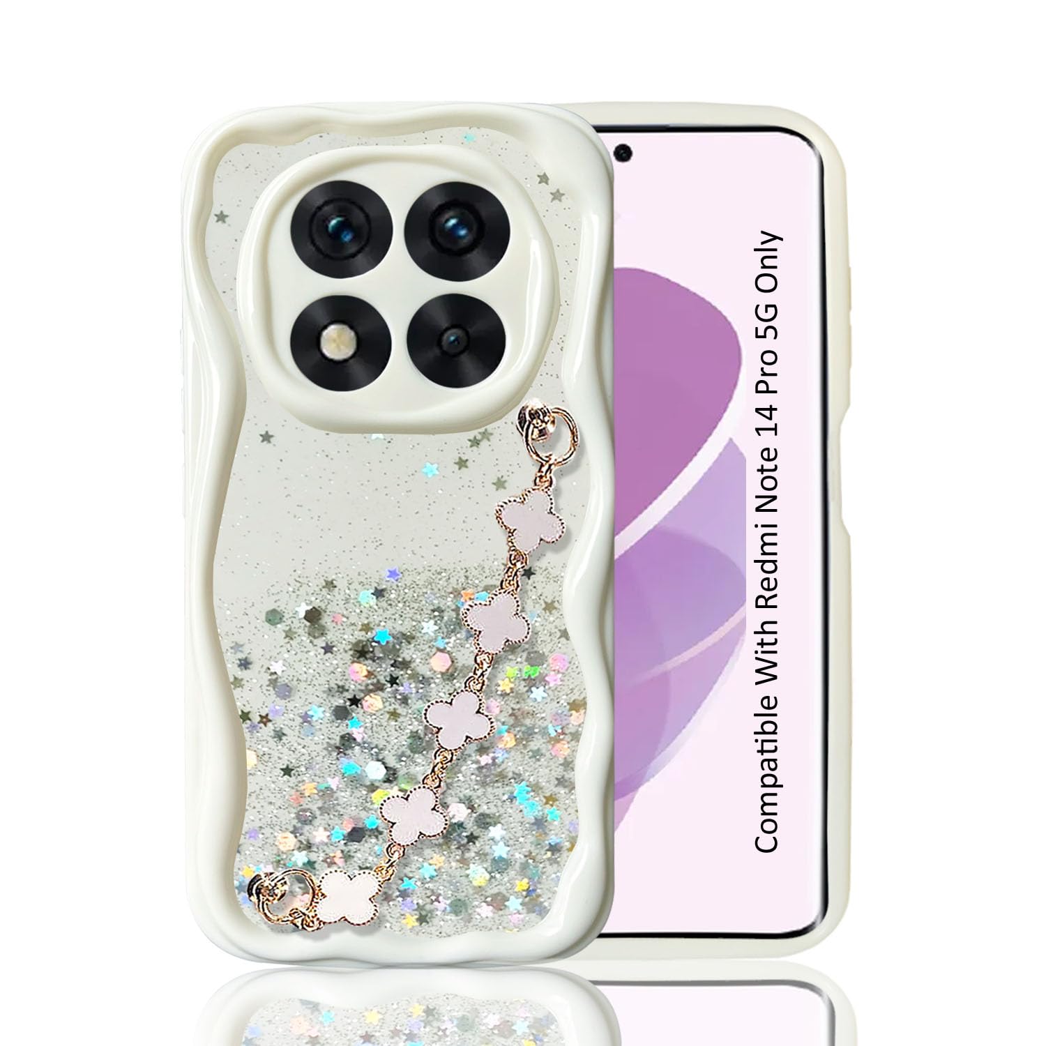 KC Back Cover for Redmi Note 14 Pro 5G - Tiny Flowers Bracelet Chain Dry Fixed Glitter Curly Wave Shape Shockproof Soft Silicone Case with Camera Protection (White)