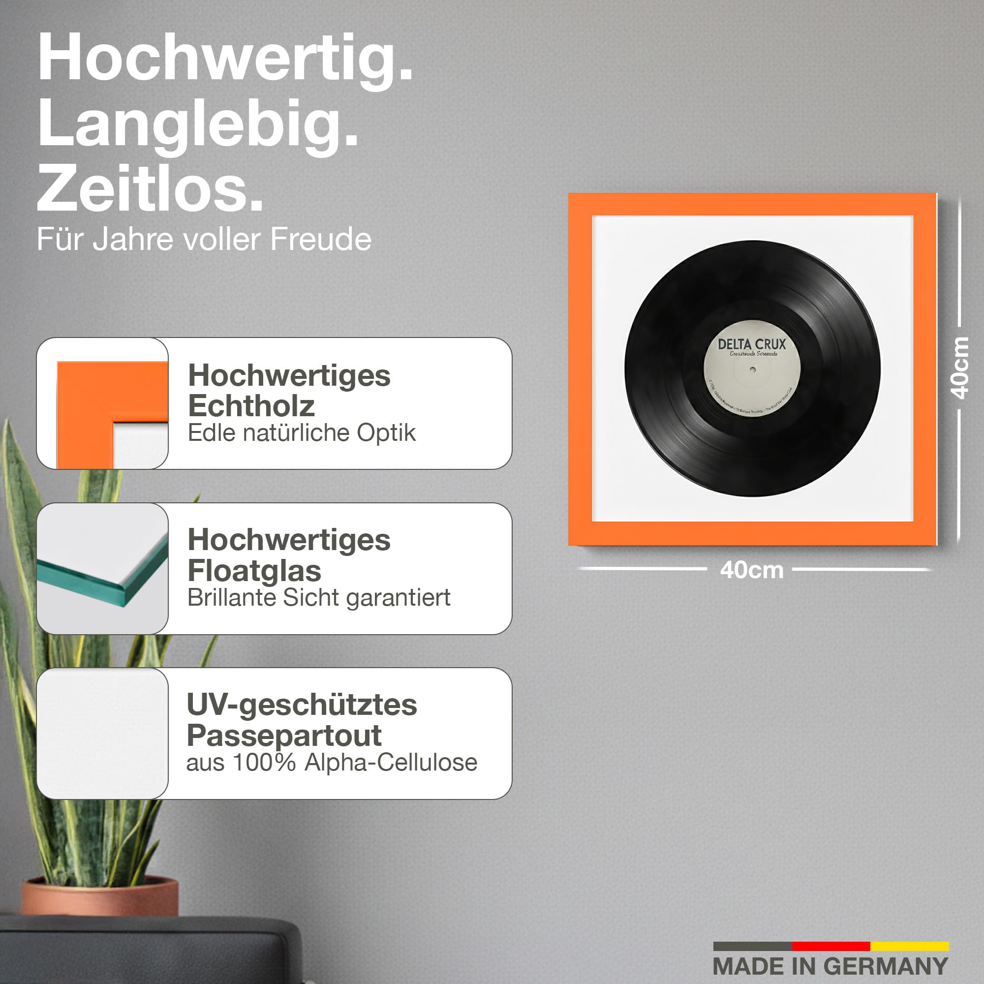 Cornice vinile da parete Arancione 40x40cm Set 2pz Passepartout Bianco - Made in Germany - Quadro per vinile da parete in legno - Vinyl Display Frames - Cornici per vinili 35x35