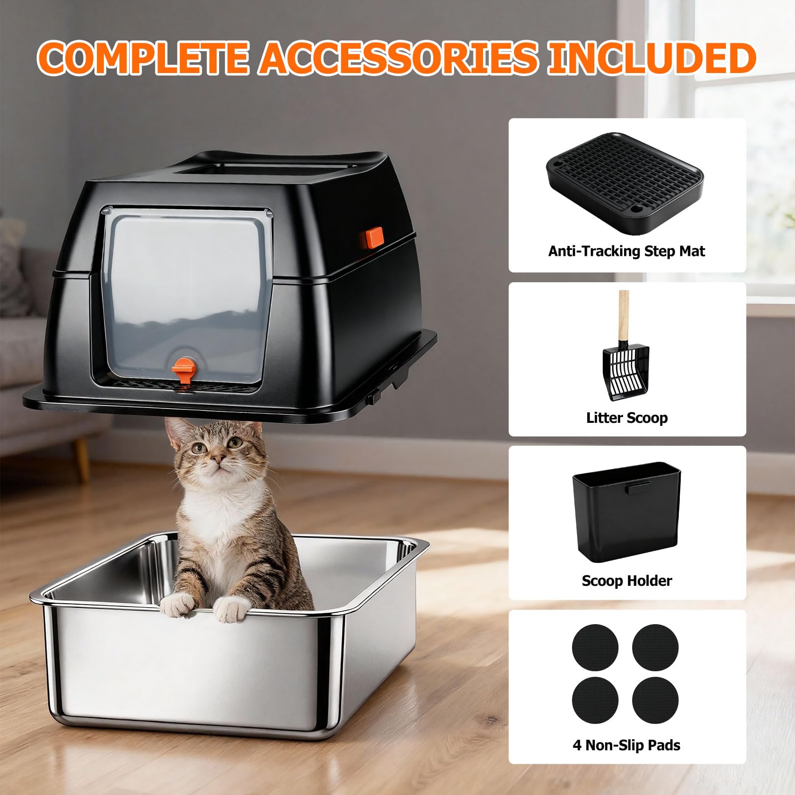 Arenero para Gatos de Acero Inoxidable, XL Caja de Arena Gato Cerrada con Tapa, Doble Entrada y Alfombrilla Antiderrames, Bandeja Antifugas para Gato Grande y Multiuso Cat Litter Box