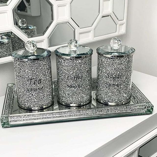 Set of 3 Crushed Diamonds Canisters with Lid for Sugar Coffee Tea - Glass Container for Kitchen Glass Modern Decor Counter Decoration