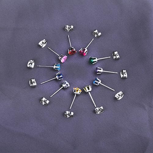 Miniatura 5 de Juego de 12 pares de aretes de tuerca de acero inoxidable con circonita cúbica para mujer, juego de aretes de tuerca con piedra natal multicolor