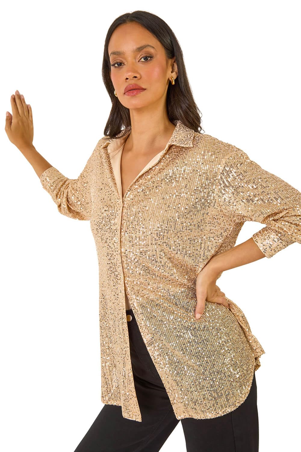 Dusk Women's Gold Sequin Button Through Blouse In | Size: 12