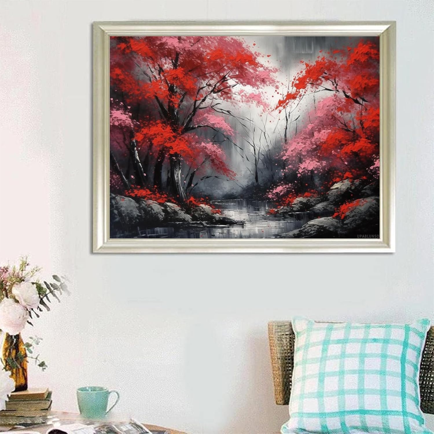 UPABLUNSO Christmas Gift Japanese Landscape Red and Black Cherry Blossom Trees 5D Adult Diamond Art, DIY Diamond Art Painting Kit for Decor Canvas 12x16 inch Suitable for New Year, Valentine's Day