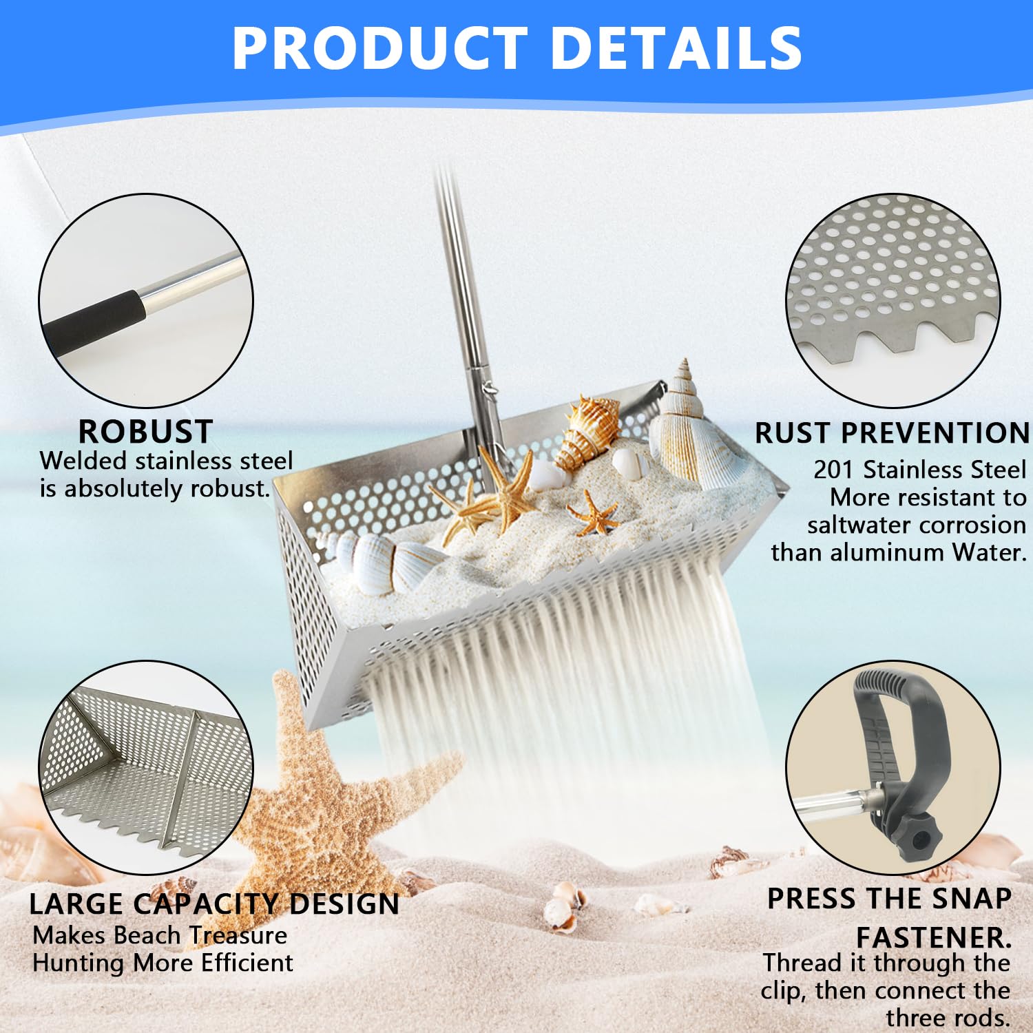 Strandrechen, Sandflohharke, Sandsieb aus Edelstahl mit Breitem Trapezkorb, Abnehmbarem Sandrechen, Sandflohrechen Strand, Faltbare Sandflohfalle für Den Strand