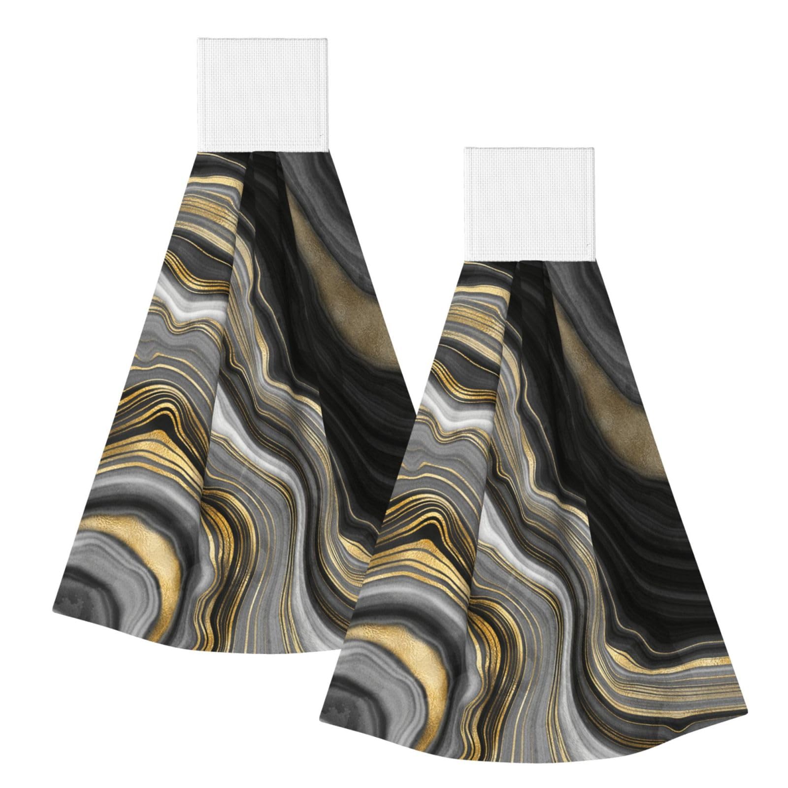 DOPKLNA Modern Black And Gold Agate Gemstone, 2 Pcs Hanging Coral Fiber Hand Towels for Bathroom, Absorbent Kitchen Towels