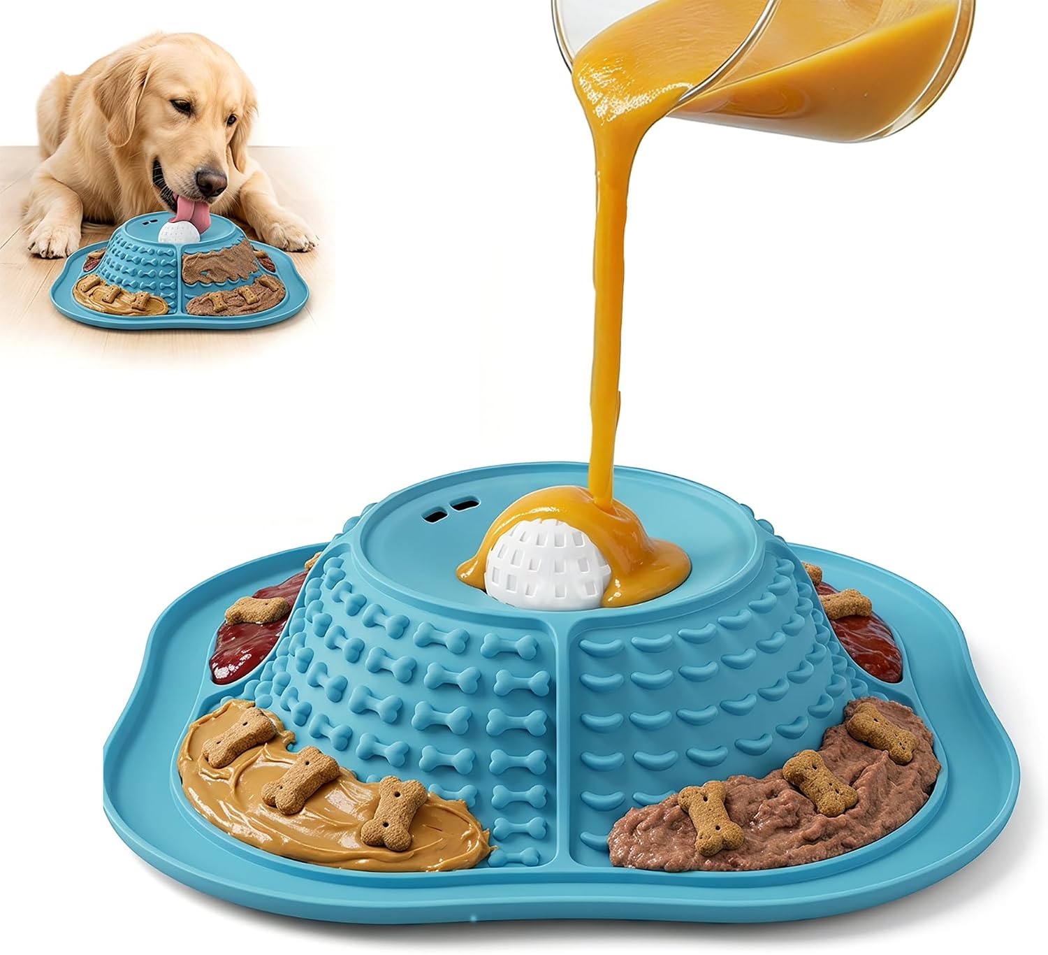 2-in-1 Dog Slow Feeder Bowl and Lick Mat, Food Grade Silicone Pet Feeding Mat with Non-Slip Suction Cup Base, Suitable for Liquid and Thick Foods, Dogs & Cats