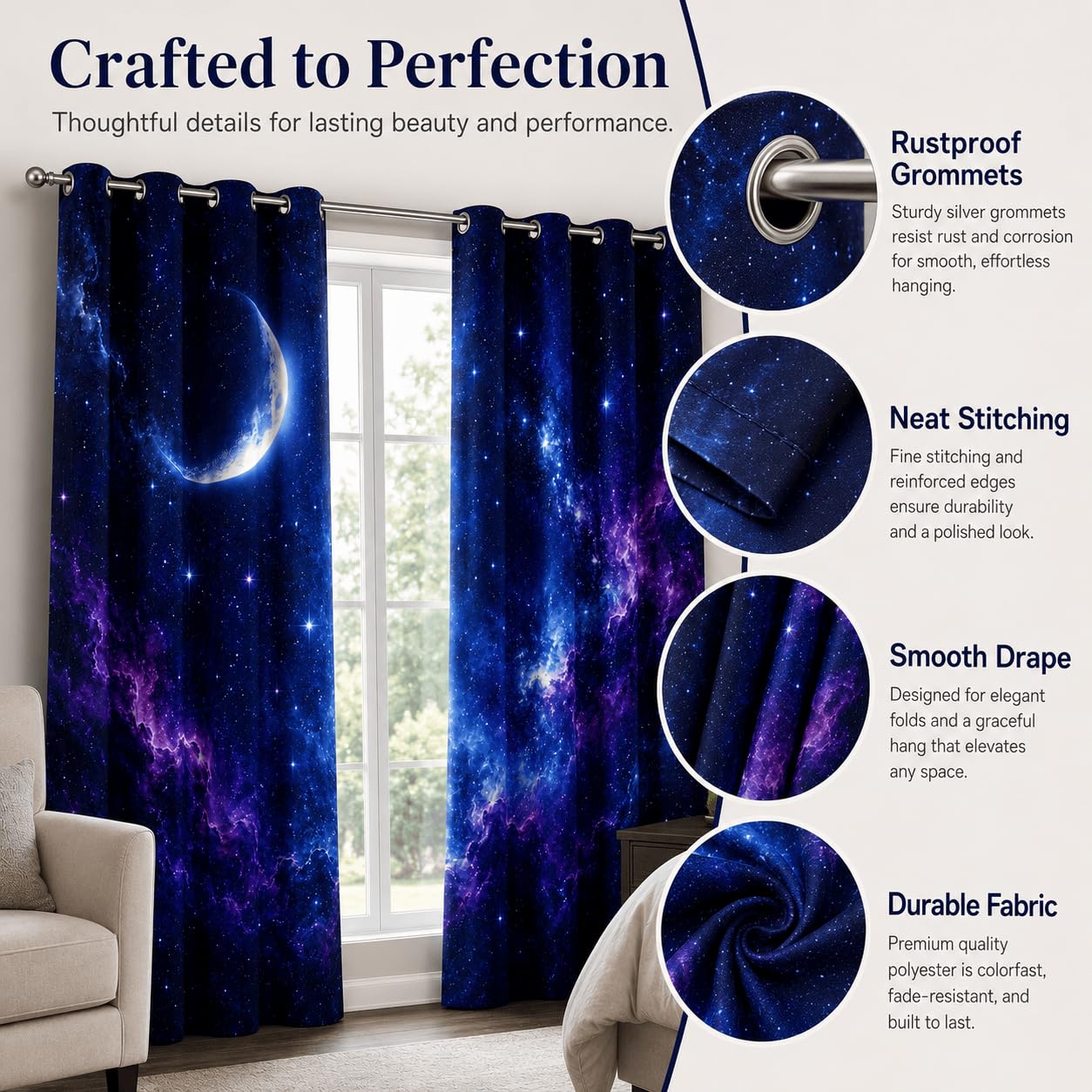 Tende Oscuranti Cielo stellato 3D con Occhielli, 2 Pezzi, 117x137 cm | Tende Termiche Isolanti Luna, Ideali per Camera da Letto, Soggiorno e Cucina, Morbide e Decorative
