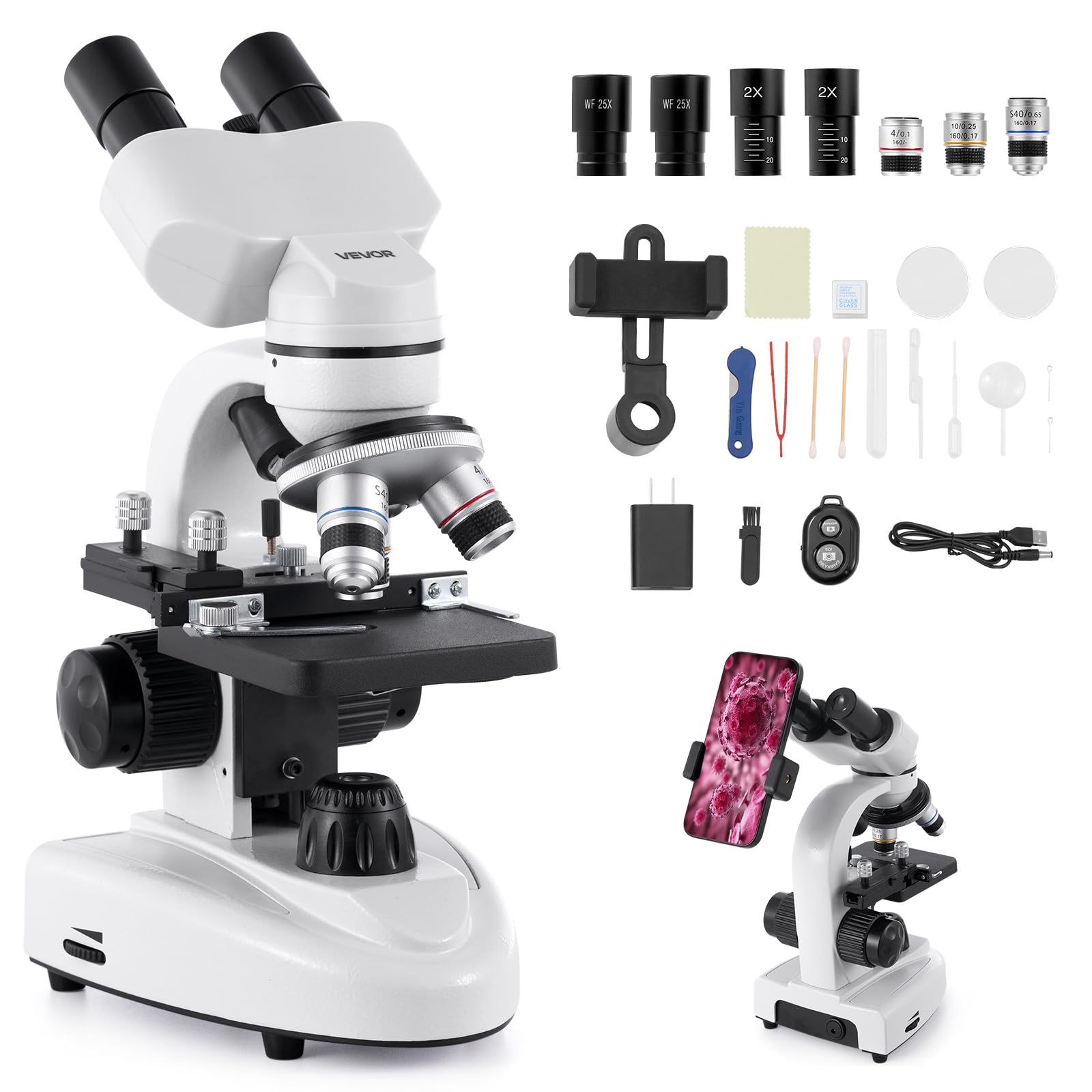 VEVOR Microscope Binoculaire Professionnel 40-2000X, Corps en Alliage d'Aluminium, Éclairage LED, Support de Téléphone Inclus