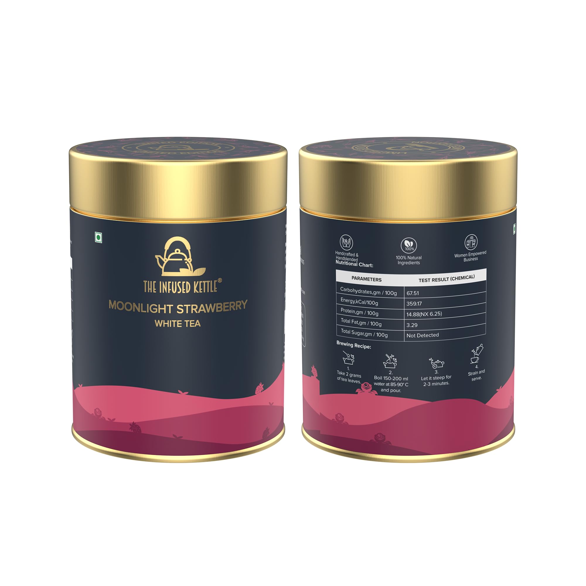 The Infused Kettle Premium Moonlight Strawberry Tea, 22 Cups, Natural Loose White Tea Leaves Blended With Rose Petals & Dried Strawberry, Contains Antioxidants, Low Caffeine Chai - 50gm