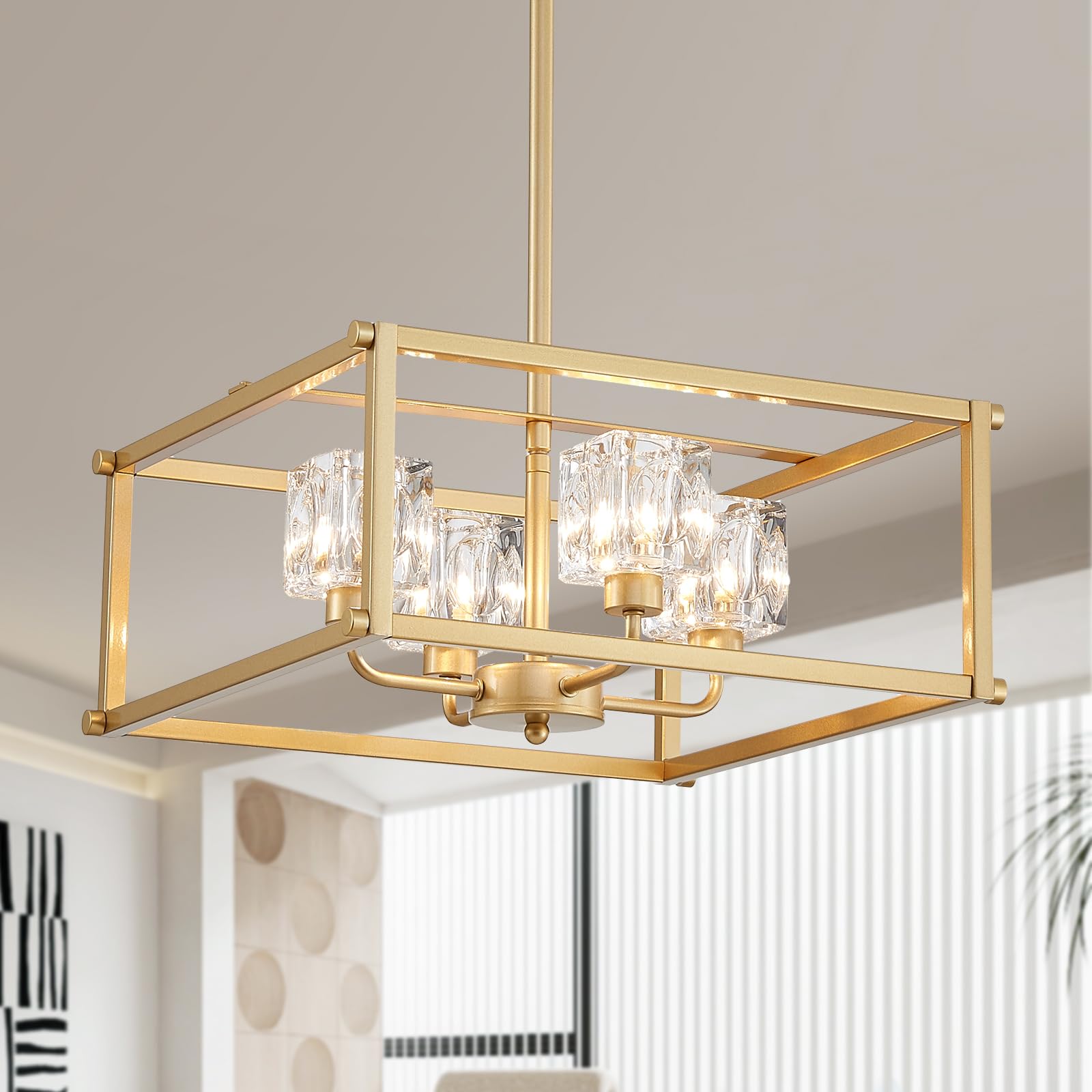Modern Ceiling Light, Gold Dining Room Light Fixture, Square 4-Light Chandelier, Farmhouse Light Fixture for Kitchen, Living Room, Entryway, Bedroom, Foyer, Hallway
