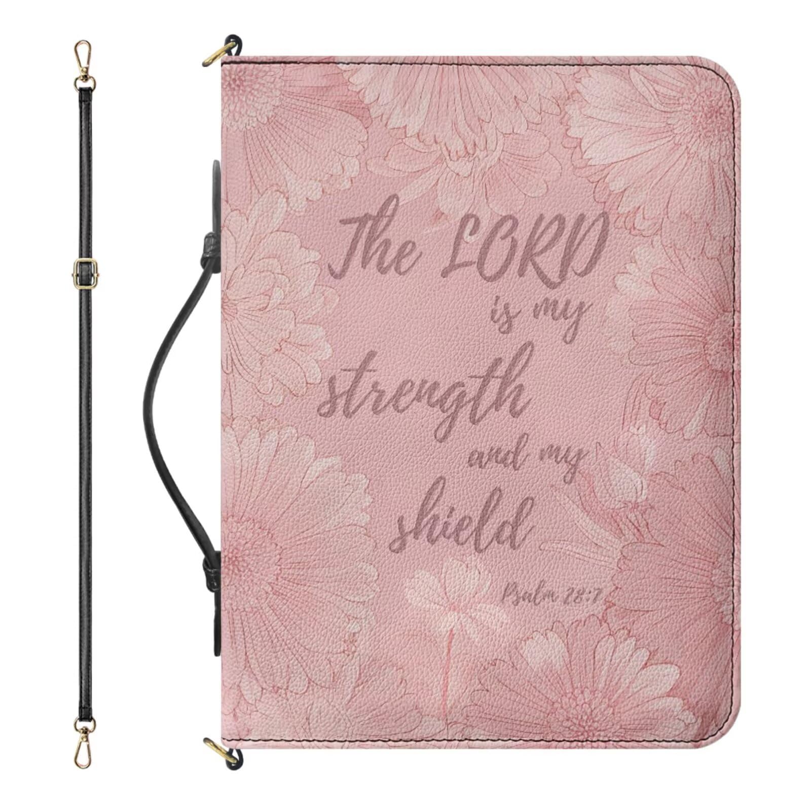 Drnuikhe Medium Bible Cases for Women, Pink Bible Cover Case with Strap and Handle, Psalm 28:7 Floral Print PU Leather Bible Carrier with Inner Pockets and Pen Loop, Christian Gifts for Women