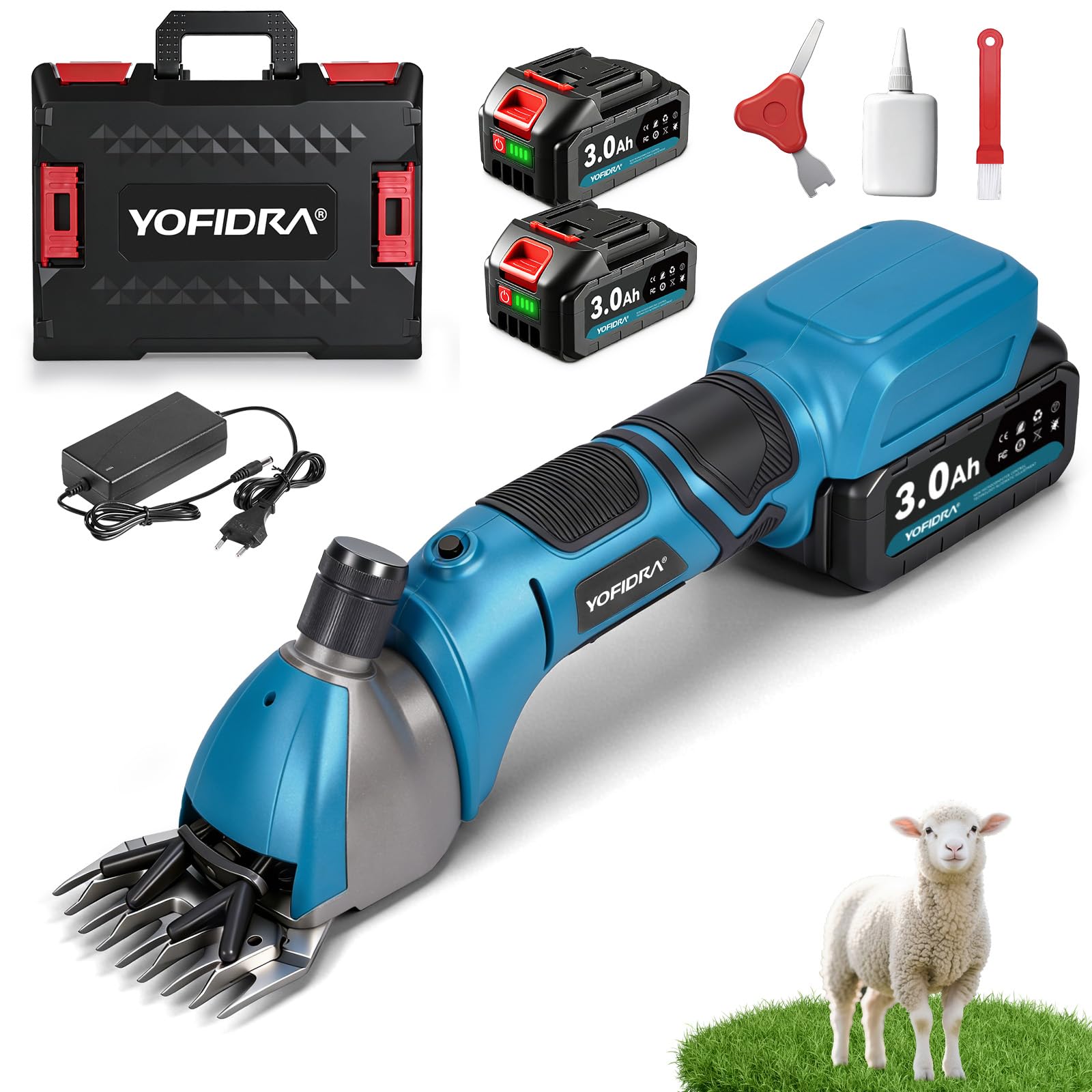 Yofidra Tondeuse à moutons sans fil 800 W - Tondeuse Mouton électrique avec moteur sans balais, 3000 tr/min, 2 batteries de 3000 mAh, griffe réglable, pour moutons, alpagas et chèvres, bleu