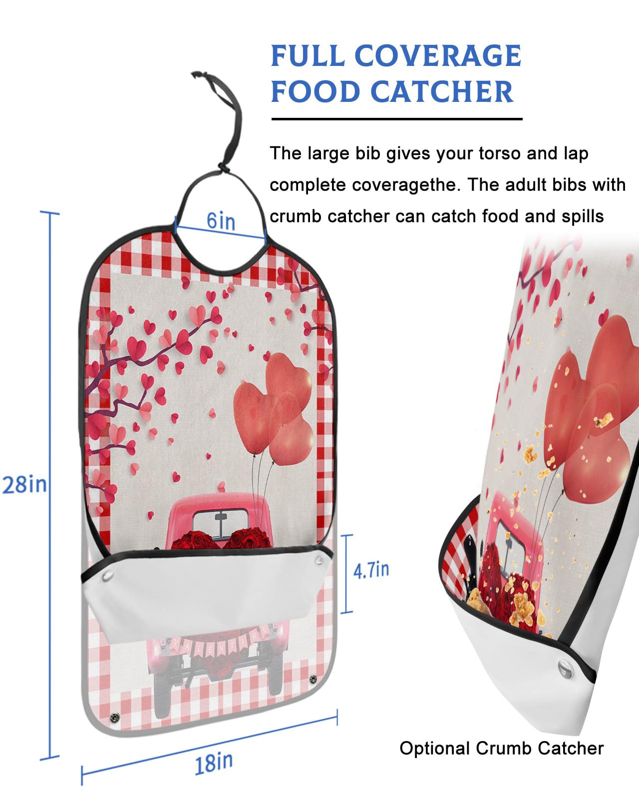 Valentine Roses Truck Adult Bibs for Eating, Waterproof Bibs with Food Catcher & Adjustable Snap Closure, Red White Plaid Love Heart Tree Washable Clothing Protectors Adult Bibs for Elderly Women/Men