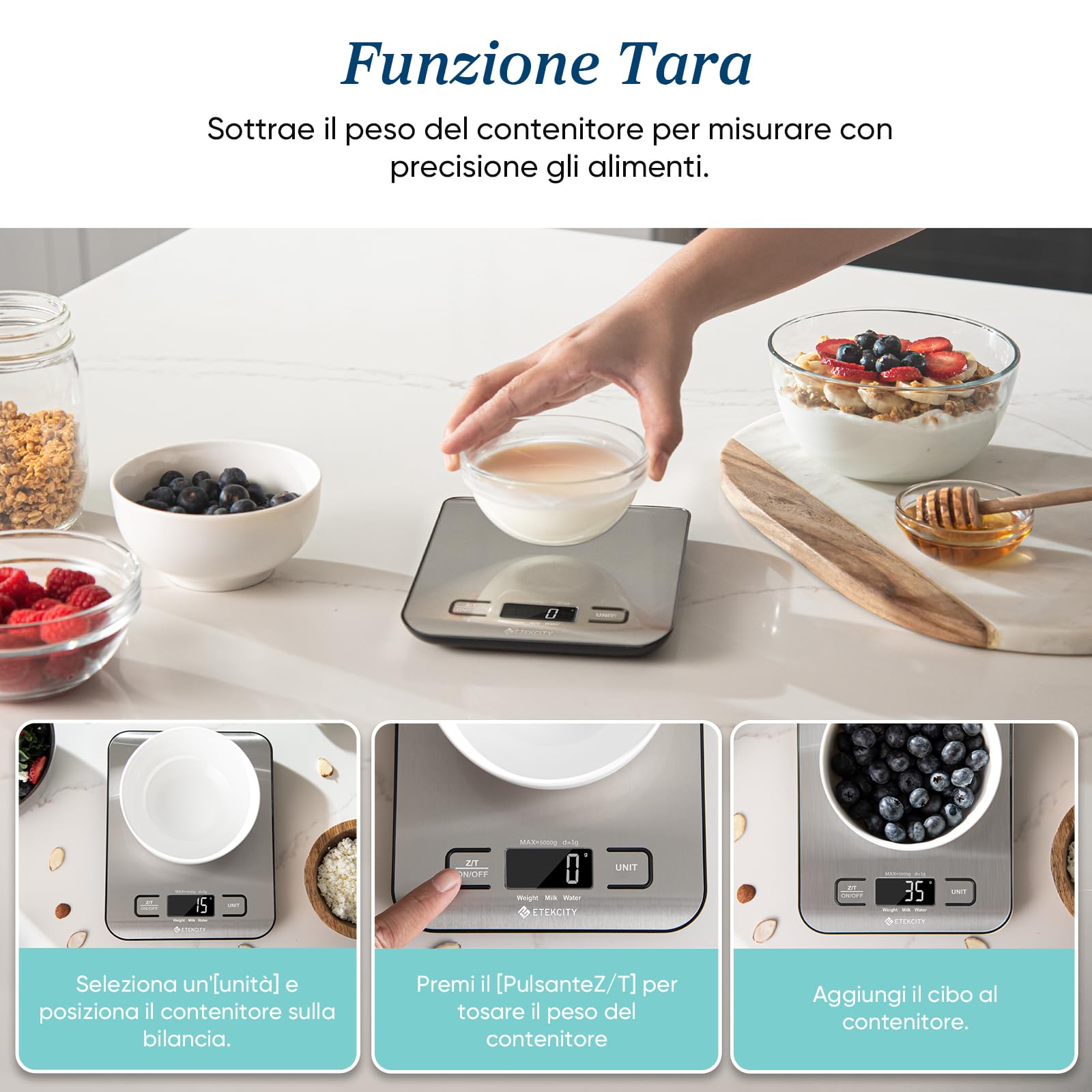 ETEKCITY Bilancia da cucina digitale elettronica da 5 kg con grande display LCD, bilancia da cucina ultra sottile, in acciaio inox, misurazione dei liquidi, alta precisione fino a 1 g, funzione tara