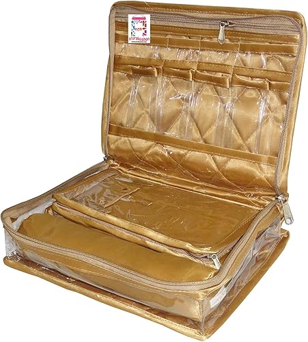 atorakushon Caja organizadora de viaje para joyas, transparente, con cremallera, para collares, aretes, anillos, pulseras, dorado