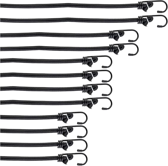 PRETEX 12 Bungee Cords with Hooks Long Cord Rope Pack in Black Strong Elastic Tie Down