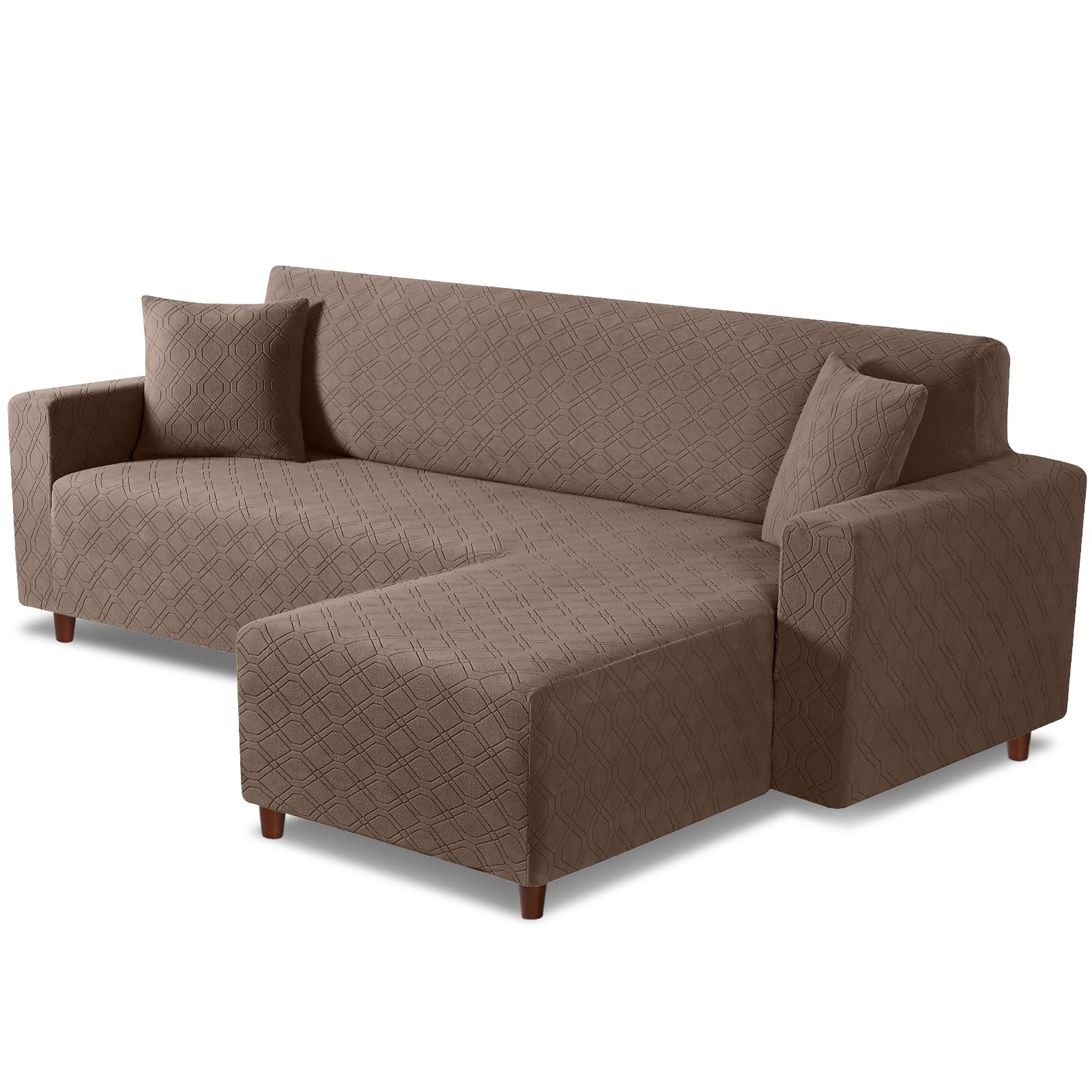 Couch Cover L Shape Washable Sofa Cover 1-Piece L Shape Sofa Slipcover Furniture Protector Stretch Couch Slipcover with 2Pcs Pillowcases(Right Facing L Shape Cover, Coffee)