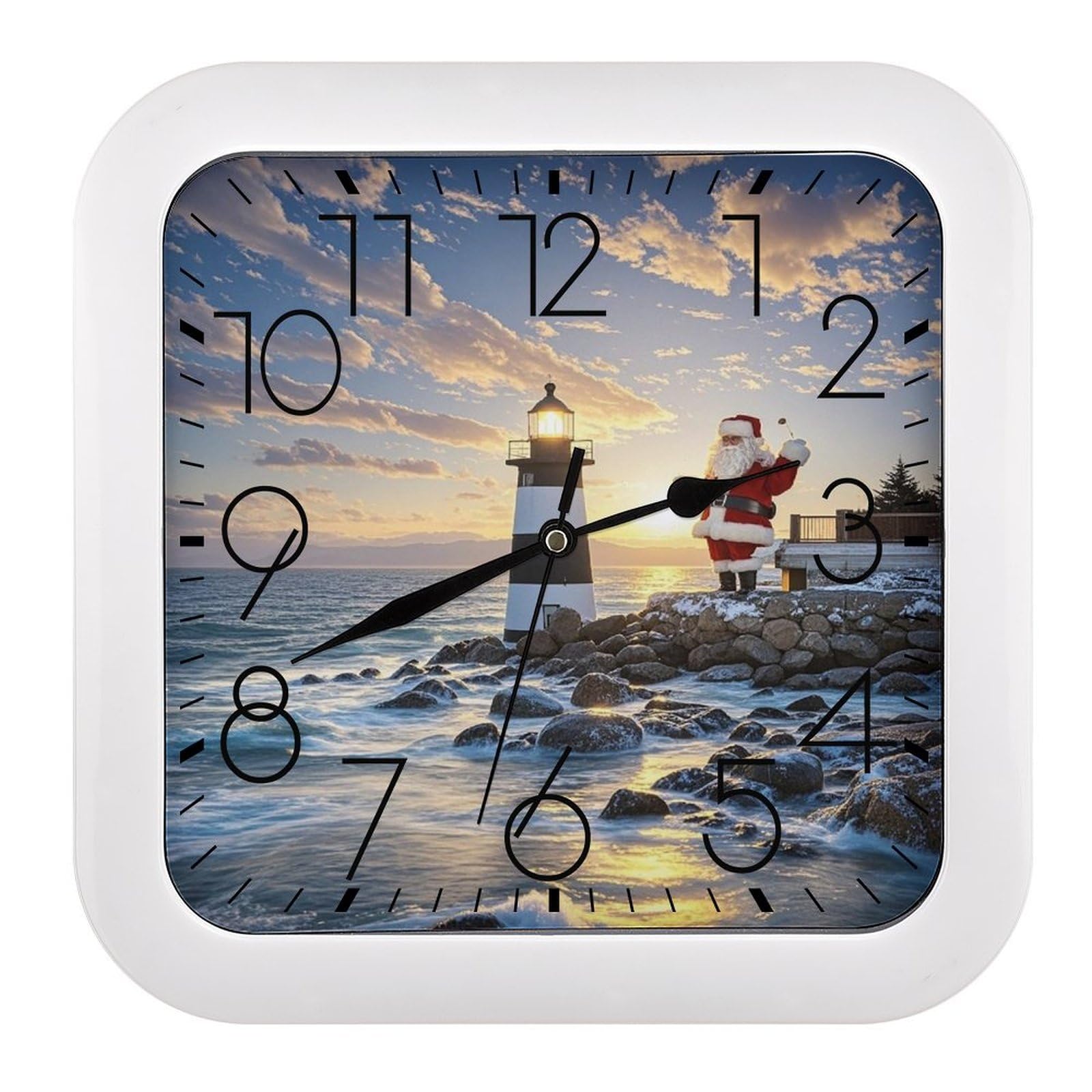 FekiLoot Square Santa Claus Lighthouse Wall Clock Decorative Battery Operated Analog Clocks Silent Non-Ticking Frame Wall Clocks Perfect Kitchen Or Office Clock 10 Inch