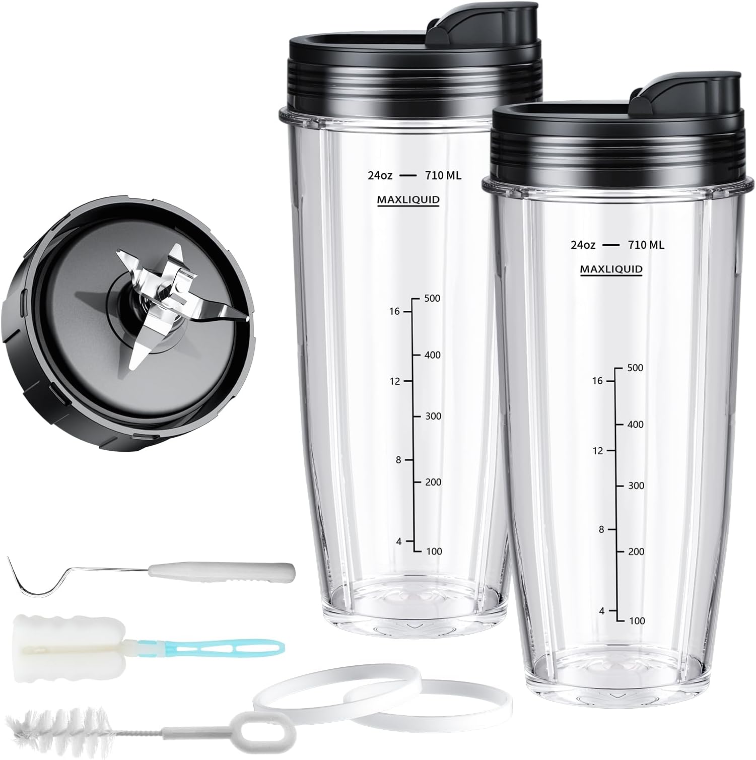 Blender Replacement Parts for Ninja, 2 24oz Cups with To-Go Lids, 7 Fins Extractor Blade, for Nutri Ninja Auto iQ BN801 BL480-30 BL640-30 BL642-30 NN100-30 BL2012 (2 Pack)