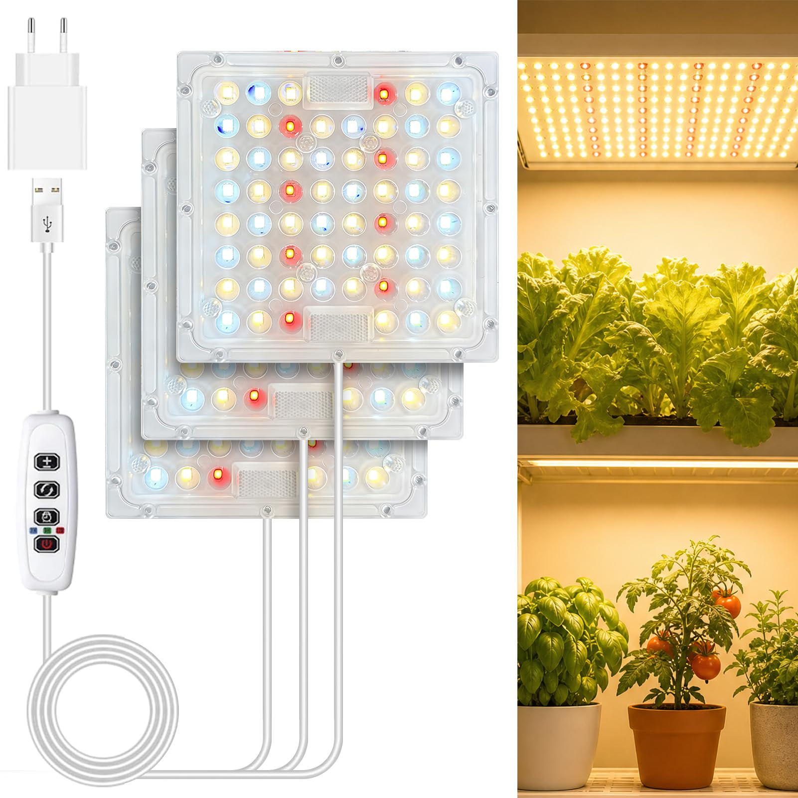 Lampada a LED per piante, 240 LED a spettro completo, con timer per auto, 3/9/12H, impermeabile, per piante da interno, dimmer a 10 livelli e 3 colori di luce (1 Interruttore → 3 Luce)