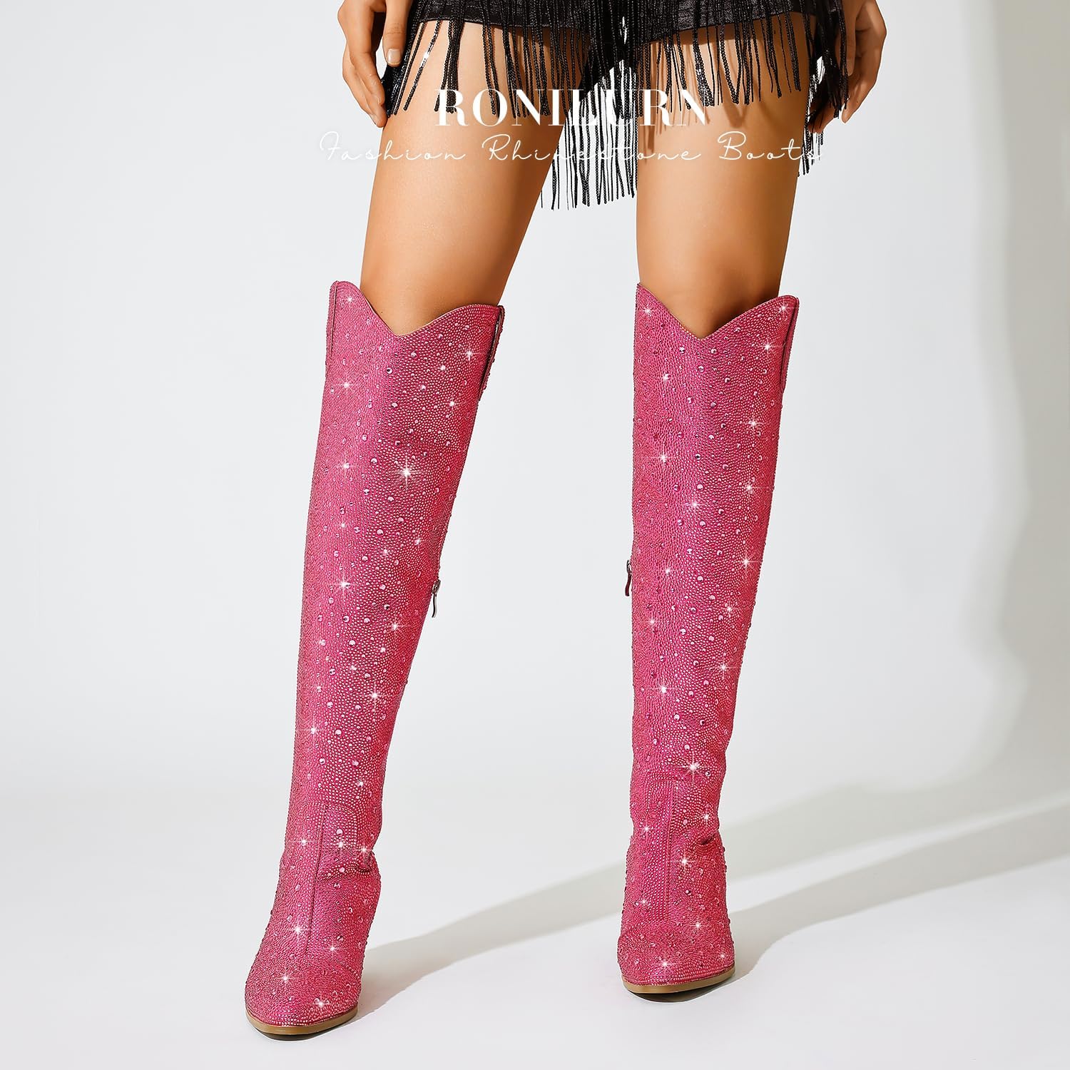 Women Rhinestone Over the Knee Cowboy Boots, Sparkly Bling Cowgirl Boots Western Thigh High Boots Pull-On Side Zippers Chunky Heel Pointed Toe Size5-12 For Fashion&Daily - Image 8