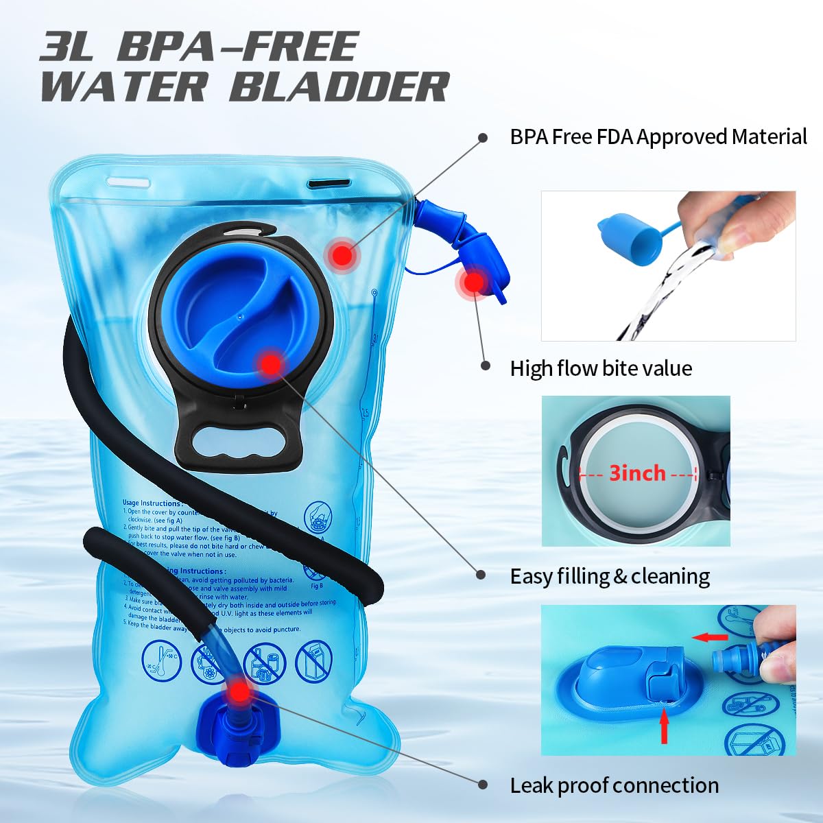 Expansea Zaino per Idratazione con Sacca d'Acqua 3L, materiale impermeabile e resistente all'usura, Adatto per gli sport all'aria aperta, corsa, ciclismo, escursionismo, alpinismo, sci