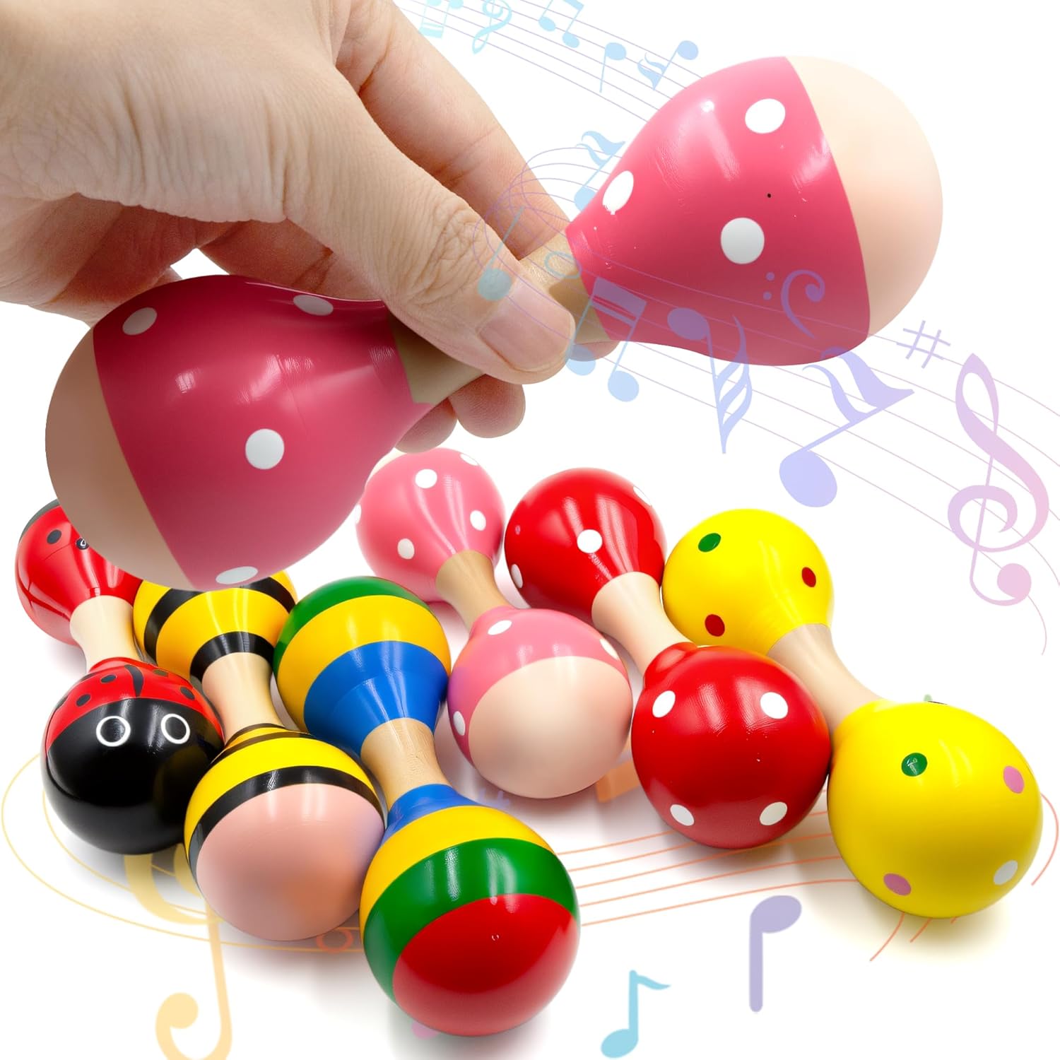 Small Wooden Maracas Baby Shakers Colorful Kids Rattles Educational Musical Instrument Toys for Toddlers 6 Pcs