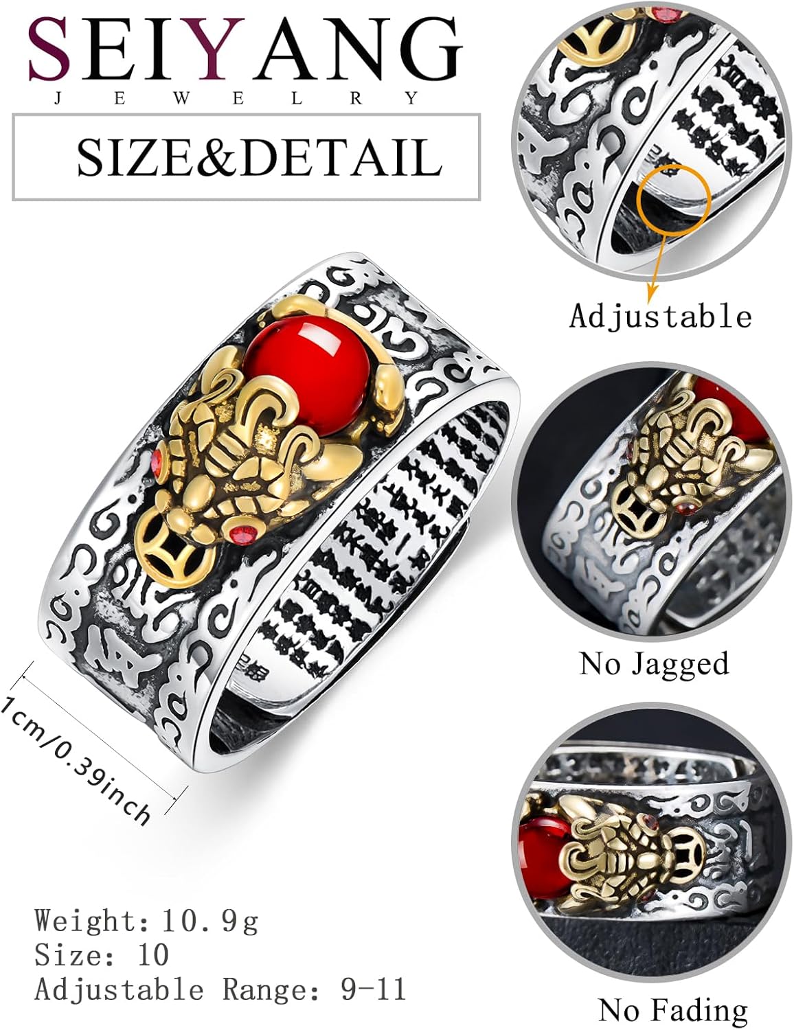 Seiyang Feng Shui Ring 925 Stering Silver Pixiu Mantra Ring Protection Wealth Adjustable Rings Gift for Men Women (with Gift Box) - Image 2