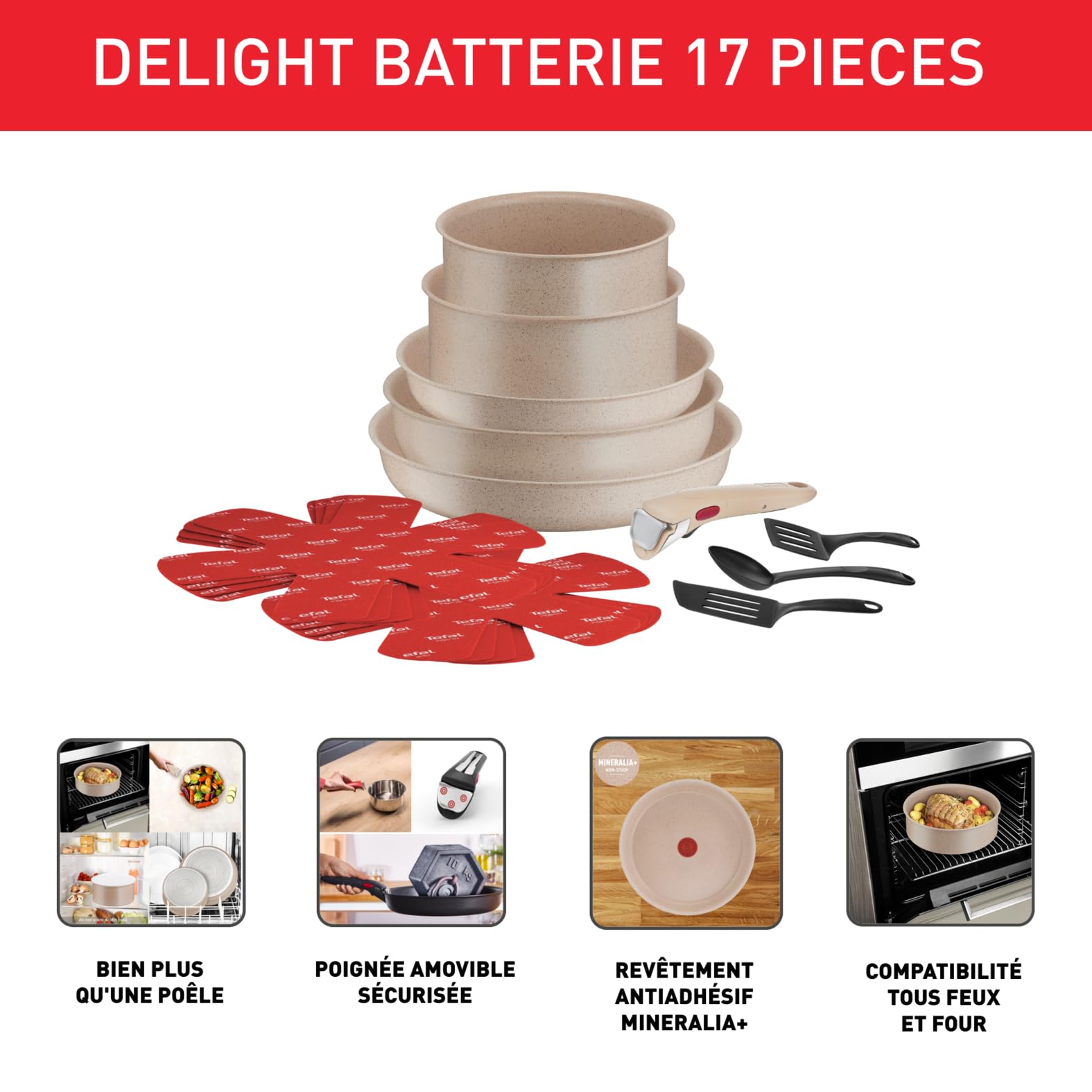 Tefal Ingenio Delight L7839002 Batterie de cuisine 17 pièces Poêles, casseroles, induction, revêtement antiadhésif, indicateur de température, empilable, passe au lave-vaisselle, fabriqué en France